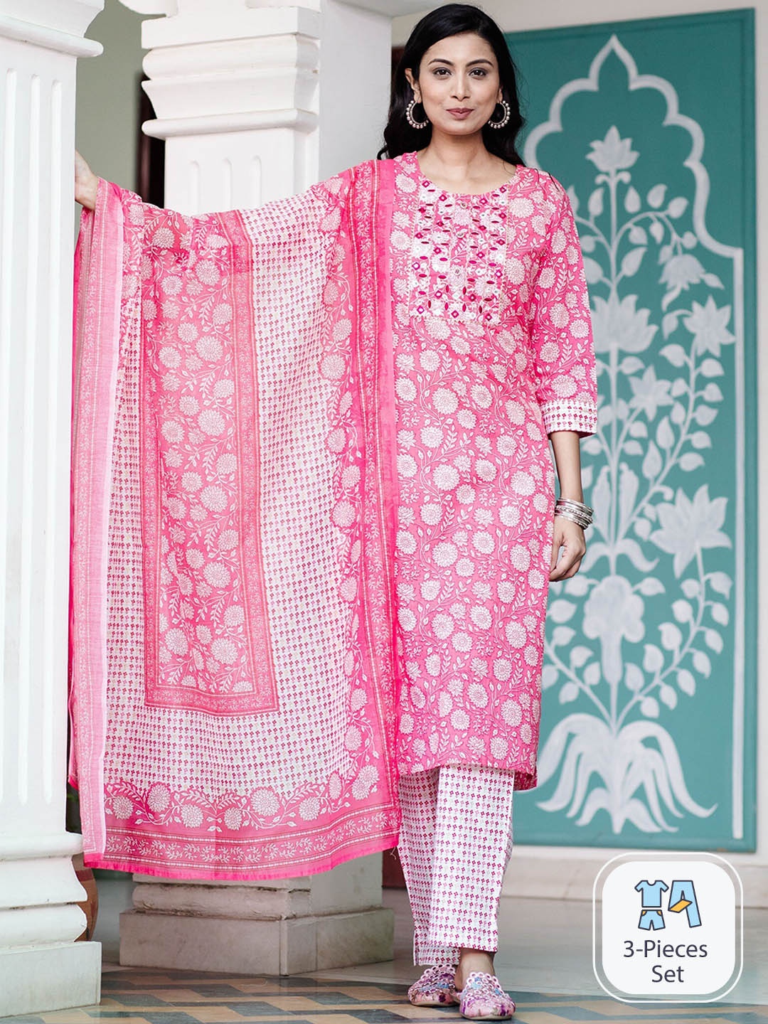 

misbis Floral Printed Thread Work Pure Cotton Kurta with Trousers & With Dupatta, Pink