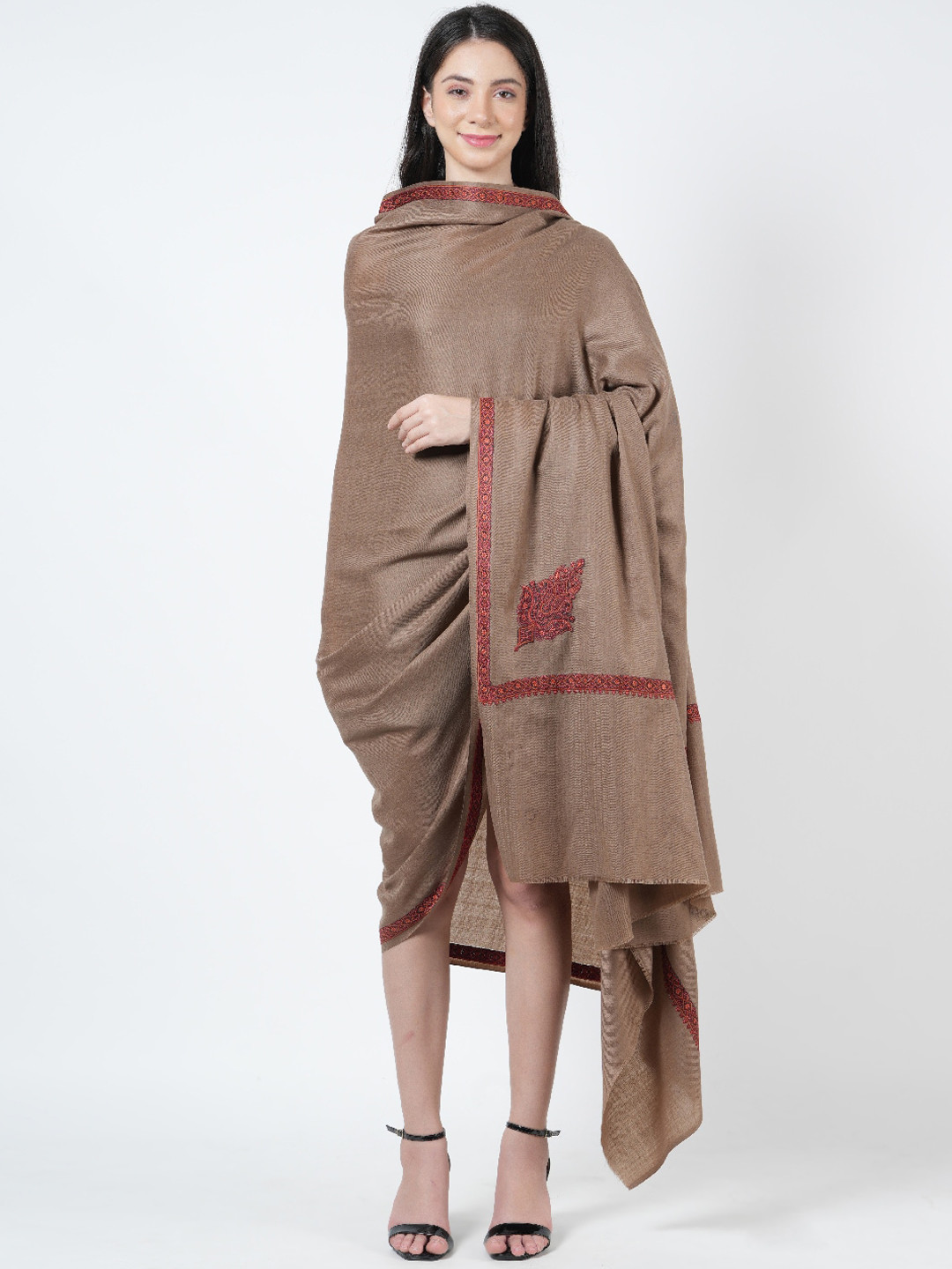 

MUFFLY Kunj Floral Embroidered Woolen Shawl, Brown