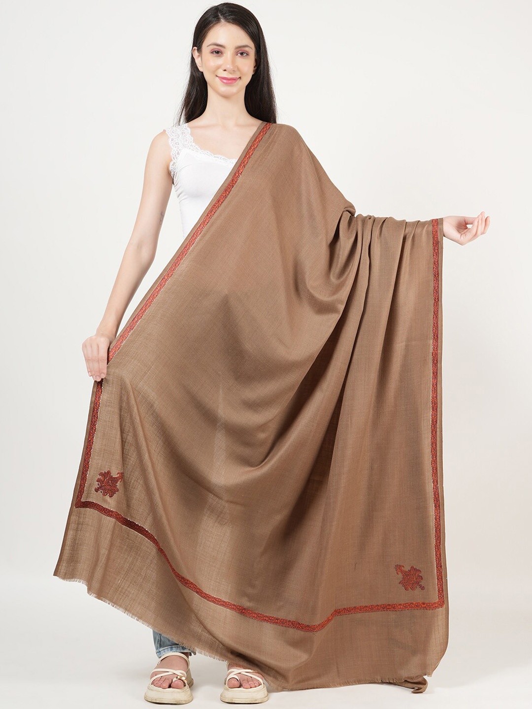 

MUFFLY Embroidered Woolen Shawl, Brown