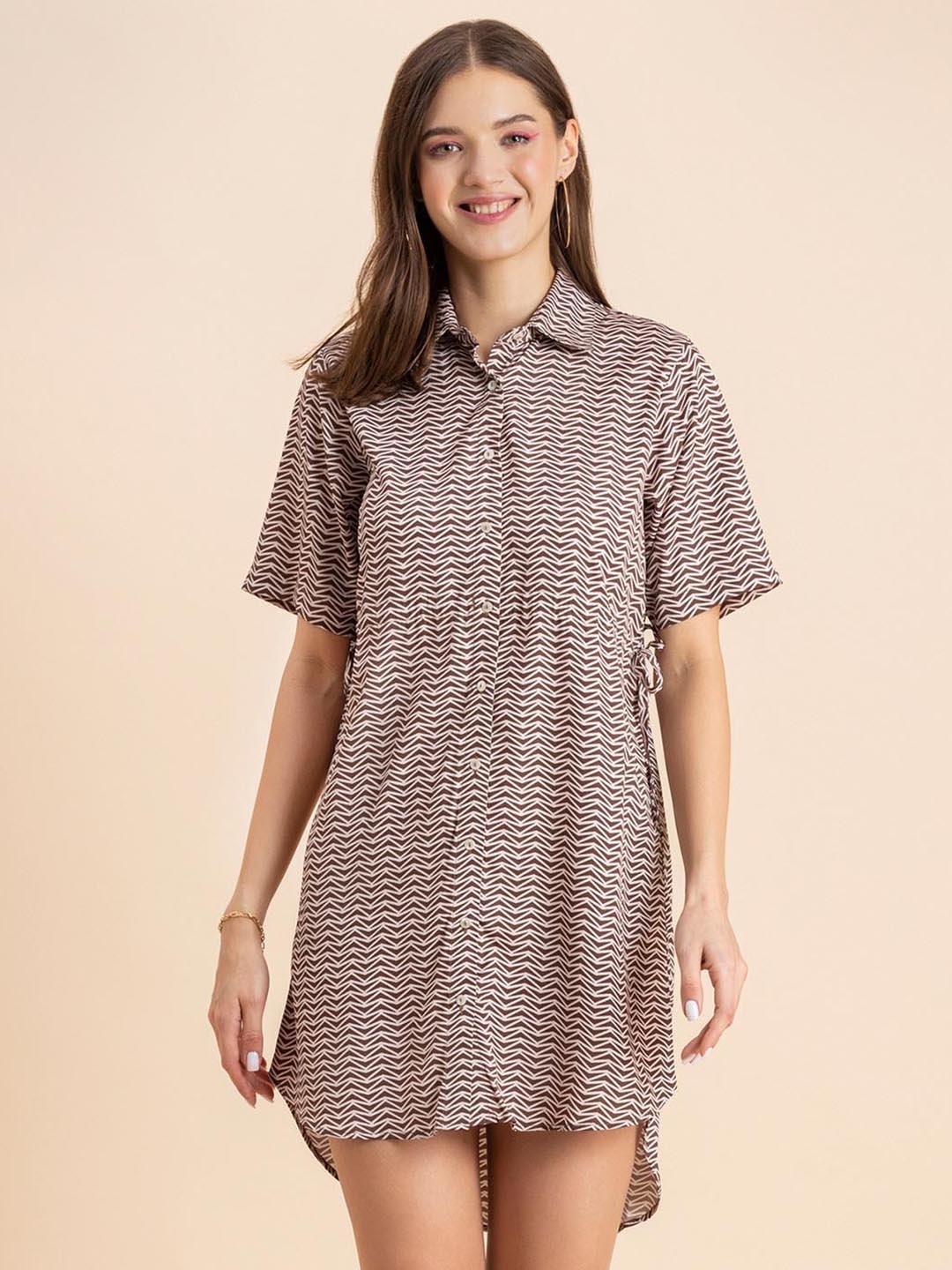 

Moomaya Abstract Printed Shirt Style Mini Dress, Brown