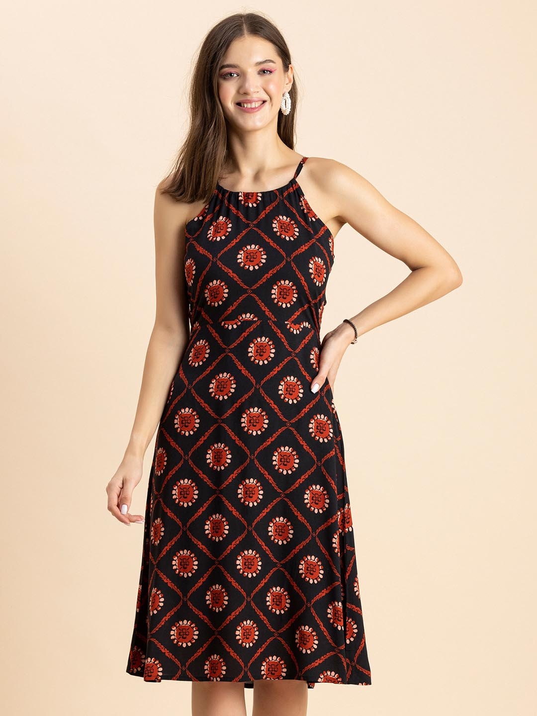 

Moomaya Black Ethnic Motifs Print A-Line Dress