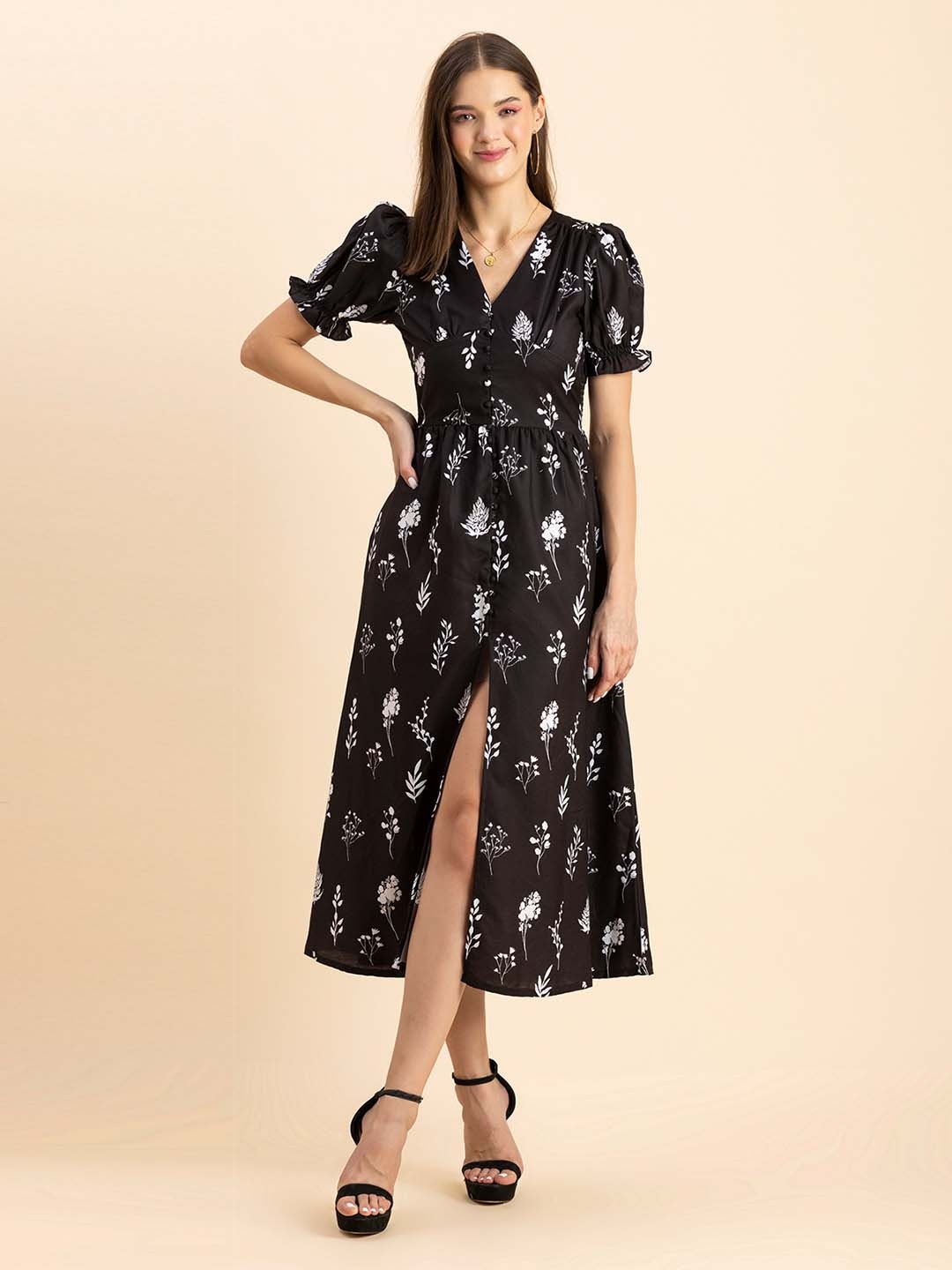 

Moomaya Floral Printed V-Neck Puffed Sleeves A-Line Dress, Black
