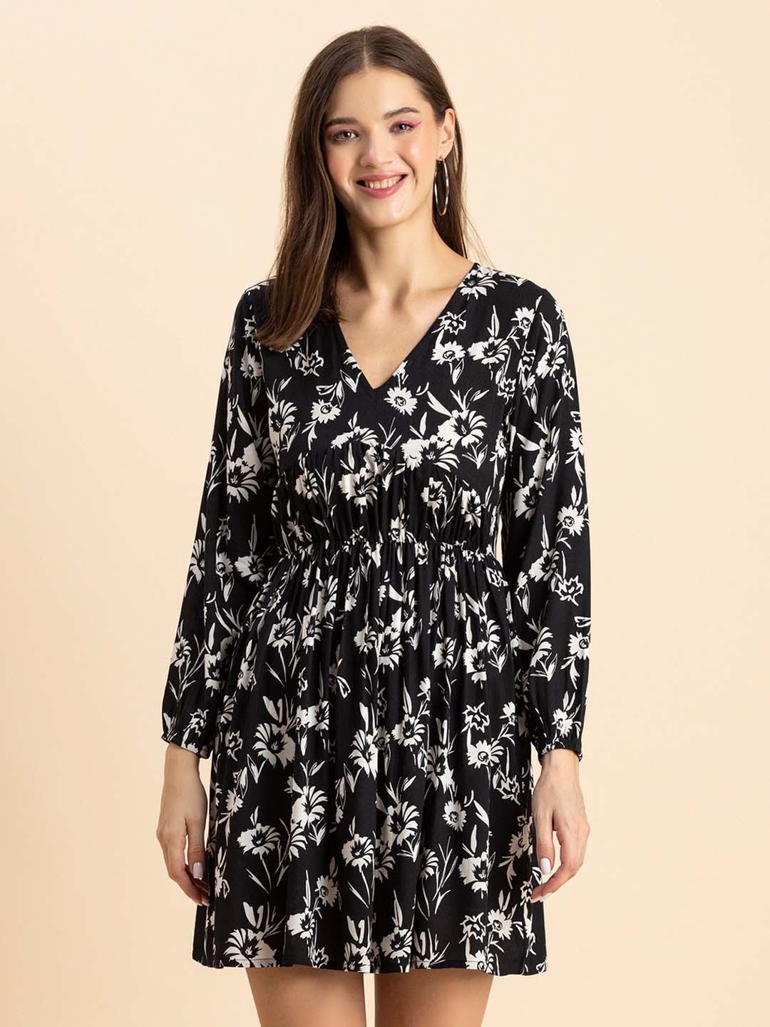 

Moomaya Black Floral Print Fit & Flare Dress