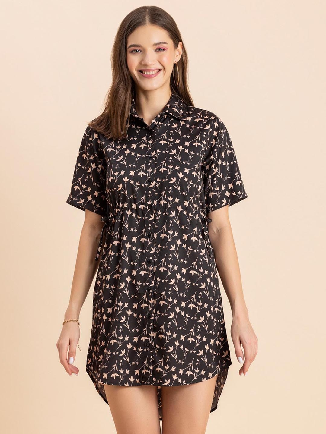 

Moomaya Floral Printed Shirt Collar Gathered Shirt Dress, Black