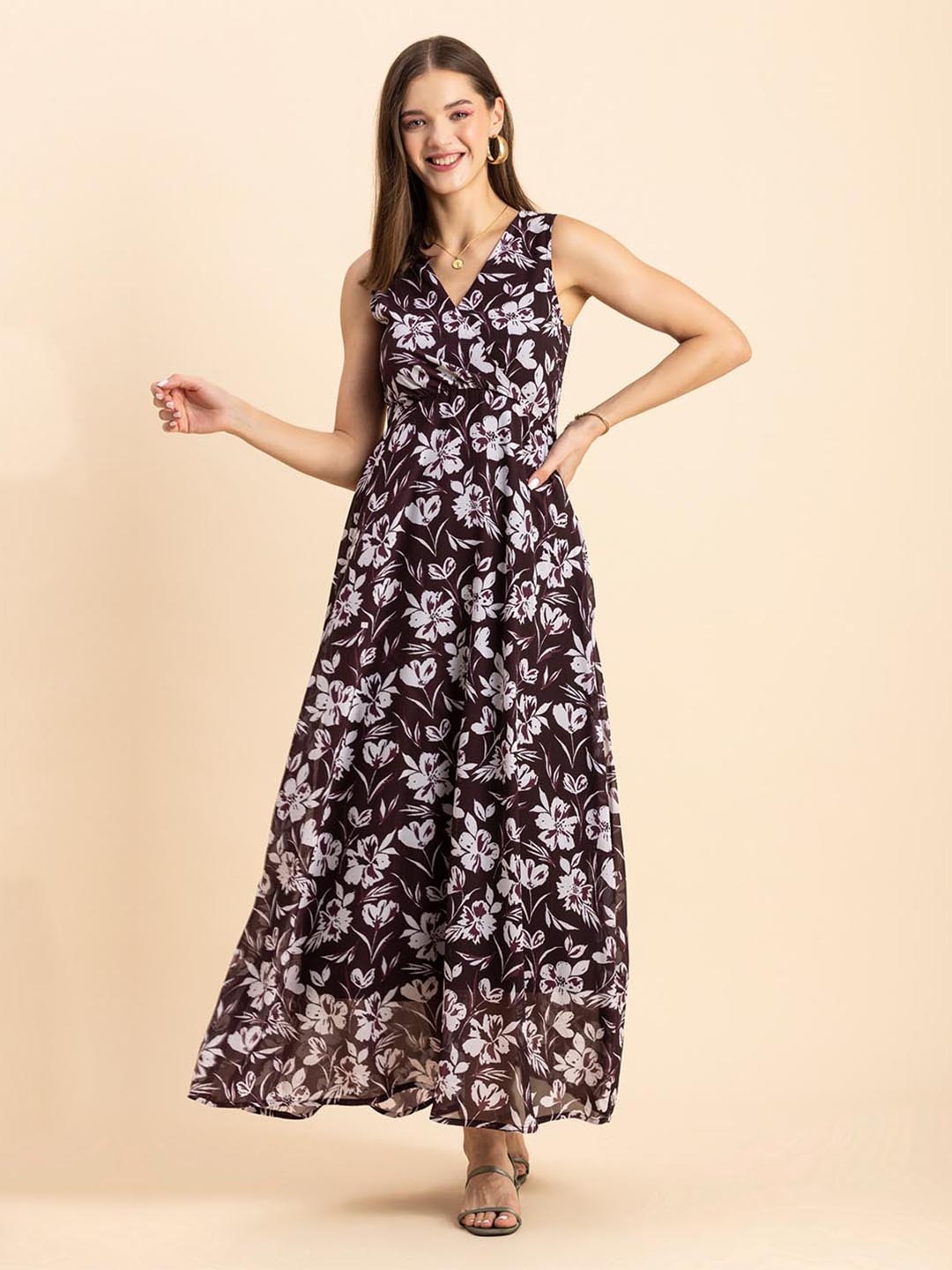 

Moomaya Floral Printed V-Neck Georgette Wrap Dress, Brown