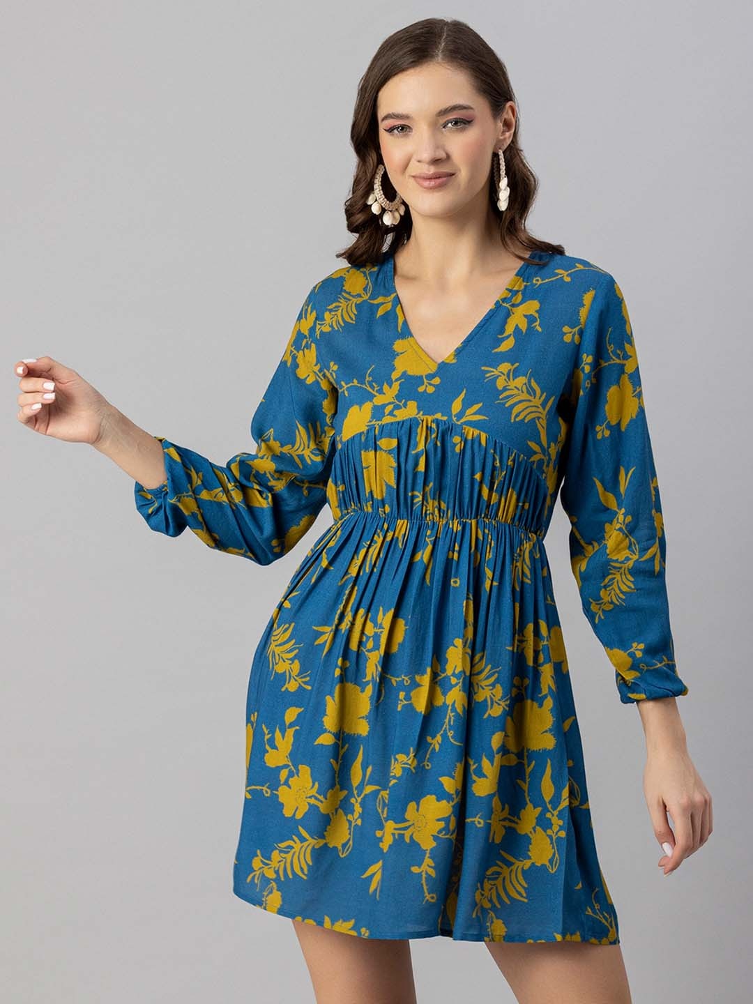 

Moomaya Yellow Floral Print Fit & Flare Dress