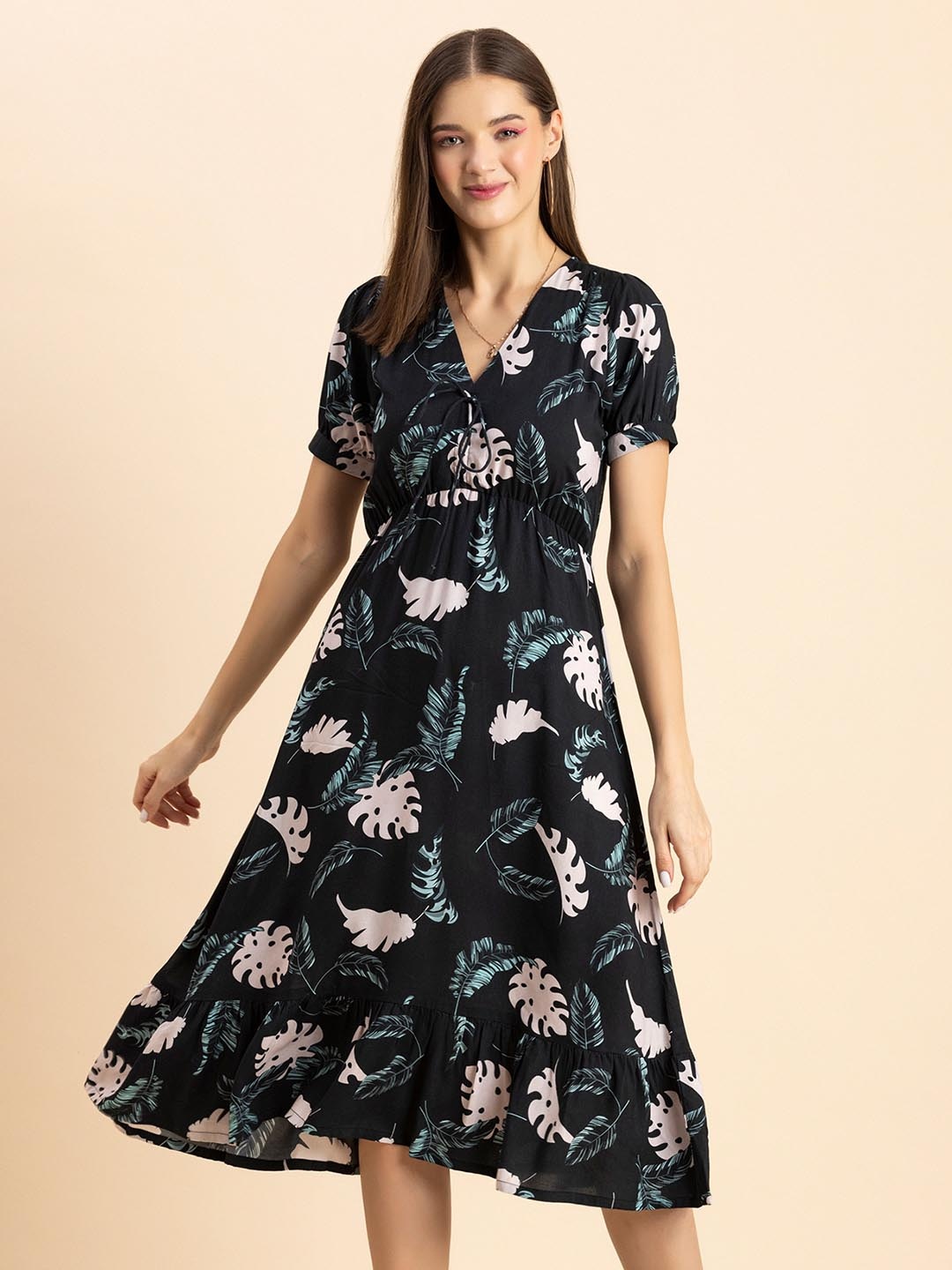 

Moomaya Green Floral Print Fit & Flare Dress
