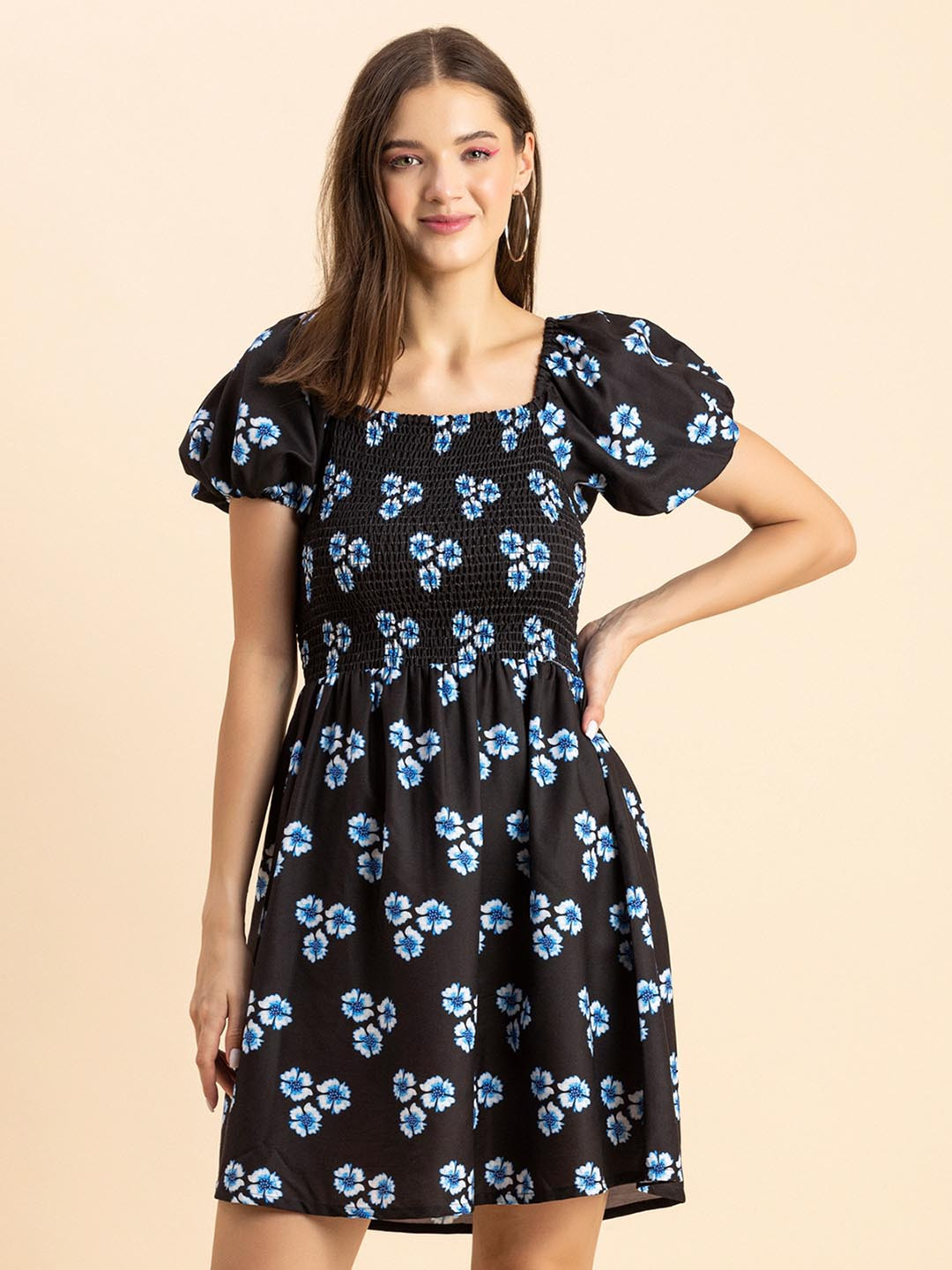 

Moomaya Black Floral Print Puff Sleeve Fit & Flare Dress