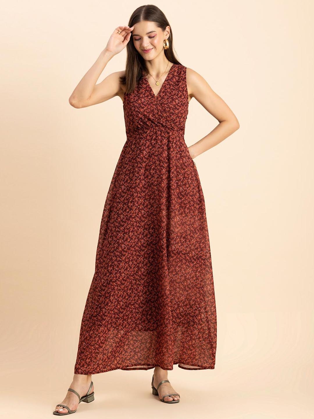 

Moomaya Floral Printed V-Neck Georgette Wrap Dress, Brown