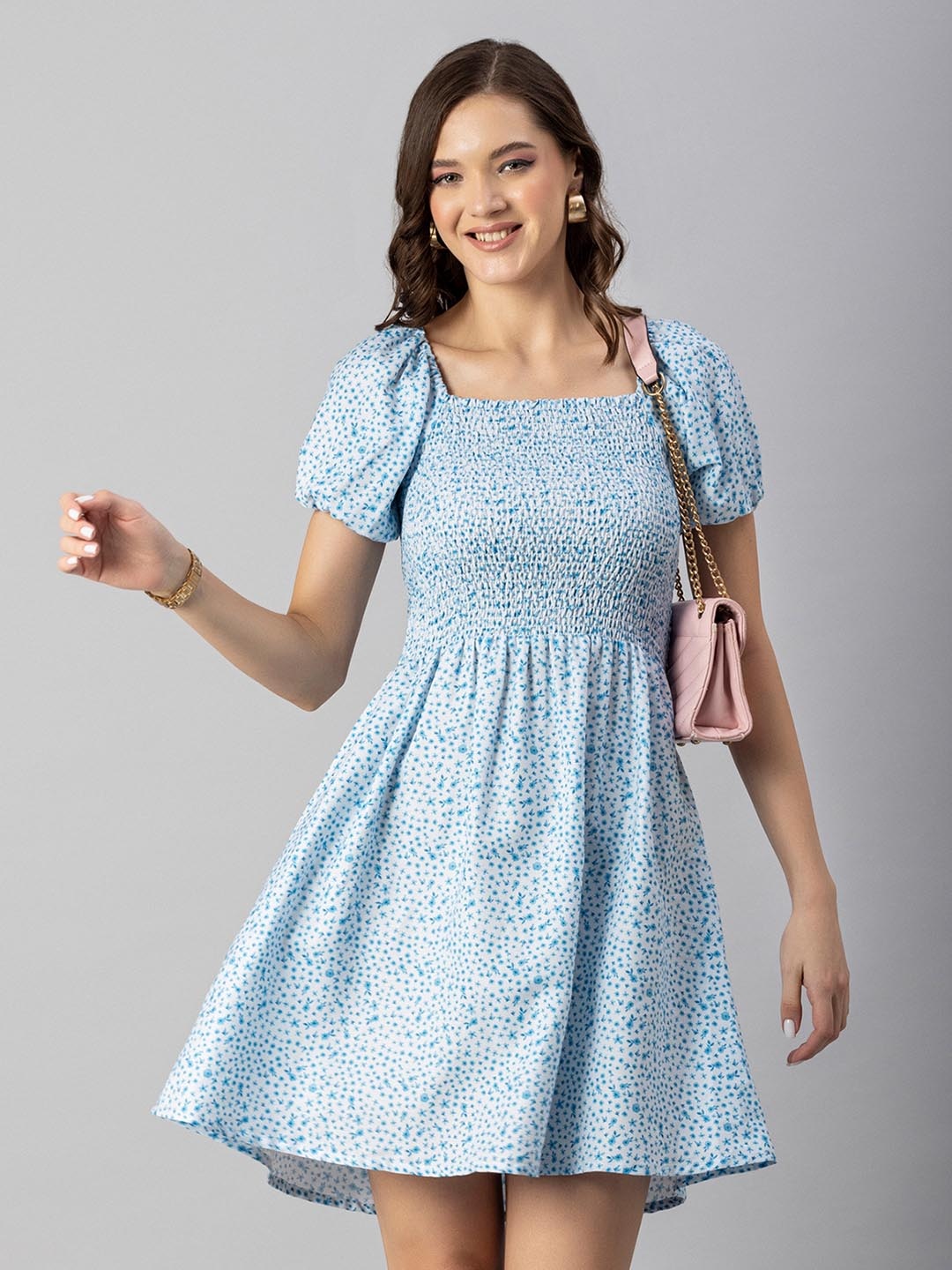 

Moomaya Floral Print Puff Sleeve Fit & Flare Dress, Blue