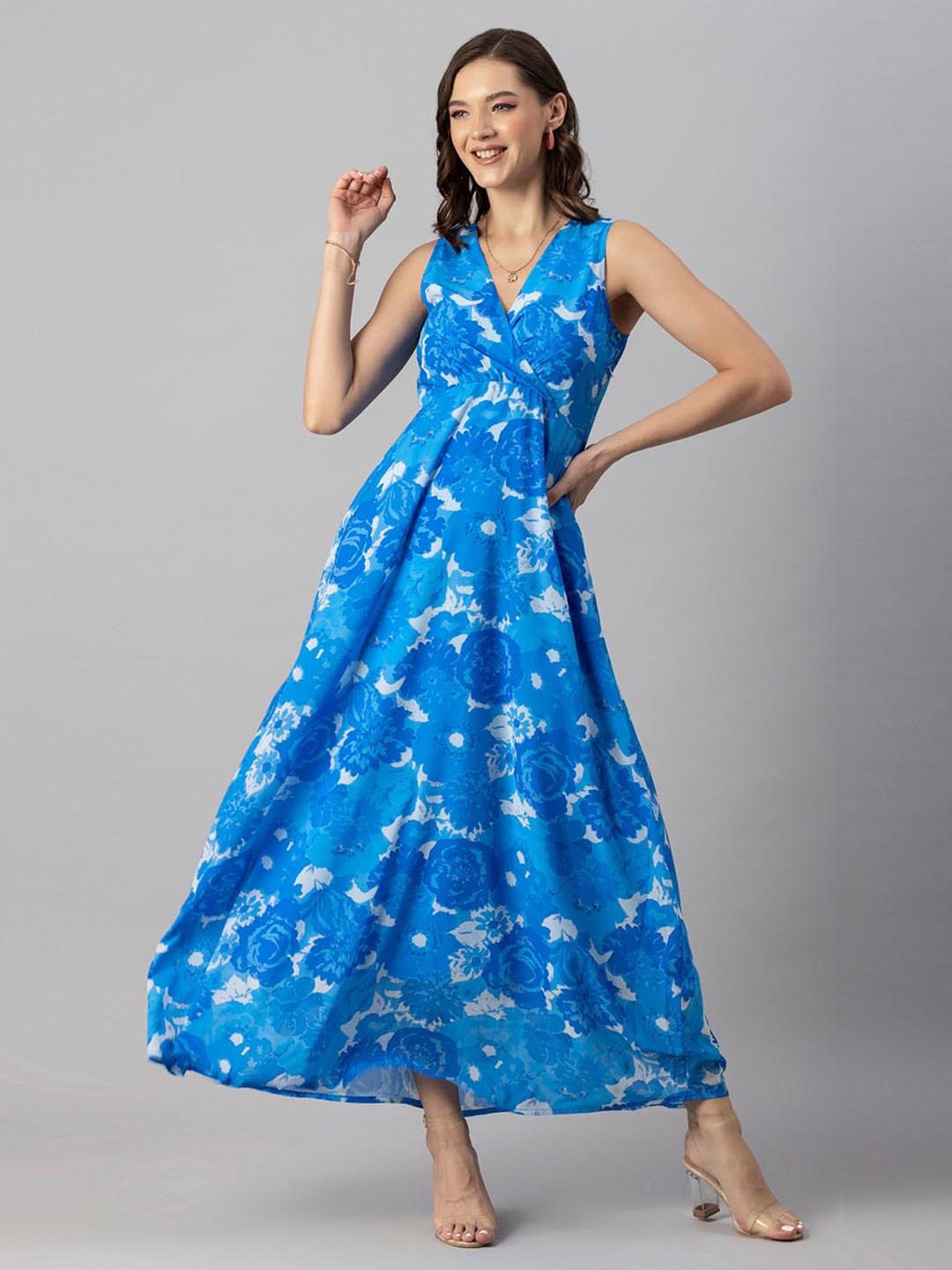 

Moomaya V-Neck Floral Printed Maxi Dress, Blue
