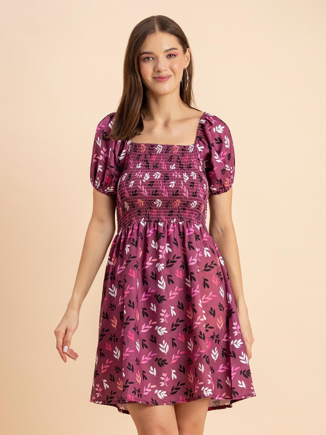 

Moomaya Pink Floral Print Puff Sleeve Fit & Flare Dress