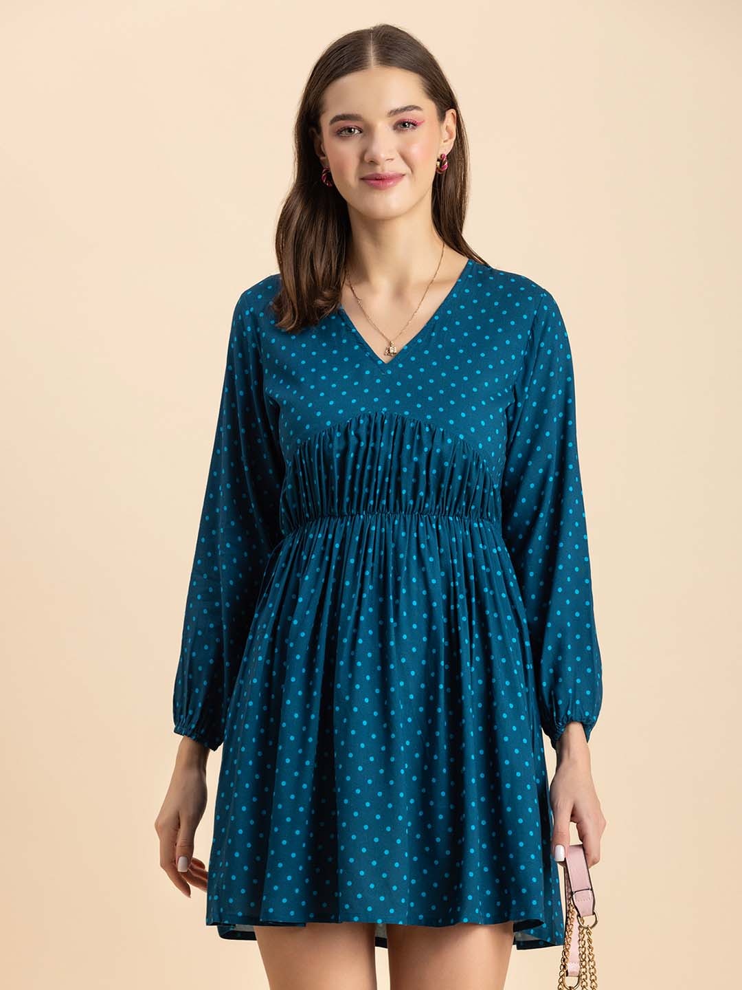 

Moomaya Teal Polka Dot Print Puff Sleeve Fit & Flare Dress