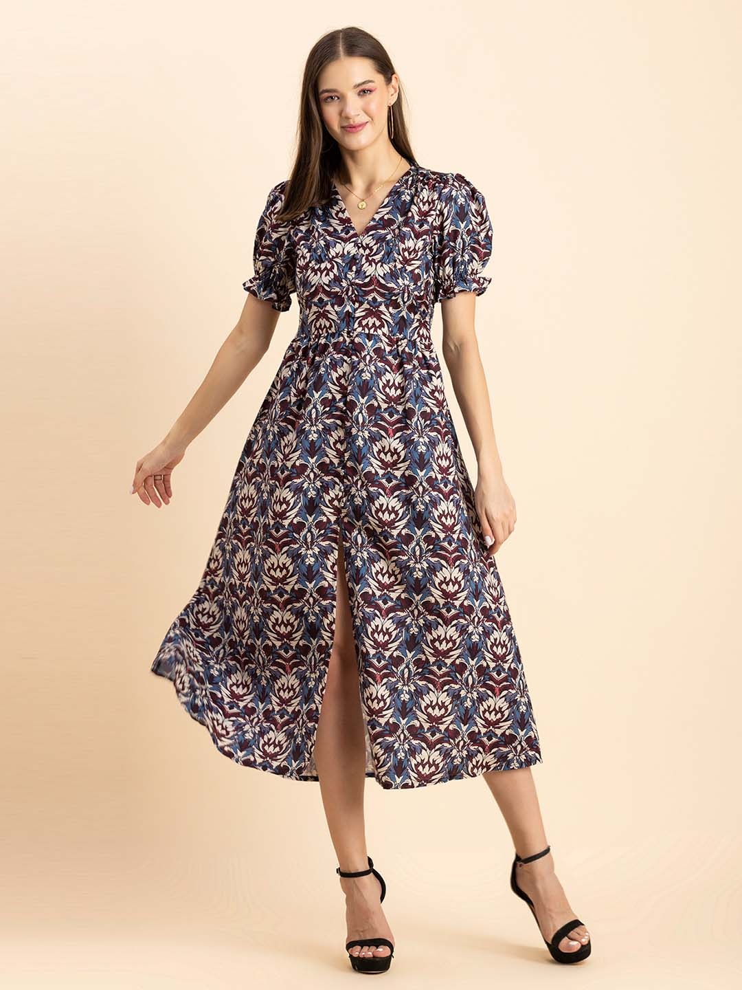 

Moomaya Teal Floral Print Puff Sleeve A-Line Midi Dress