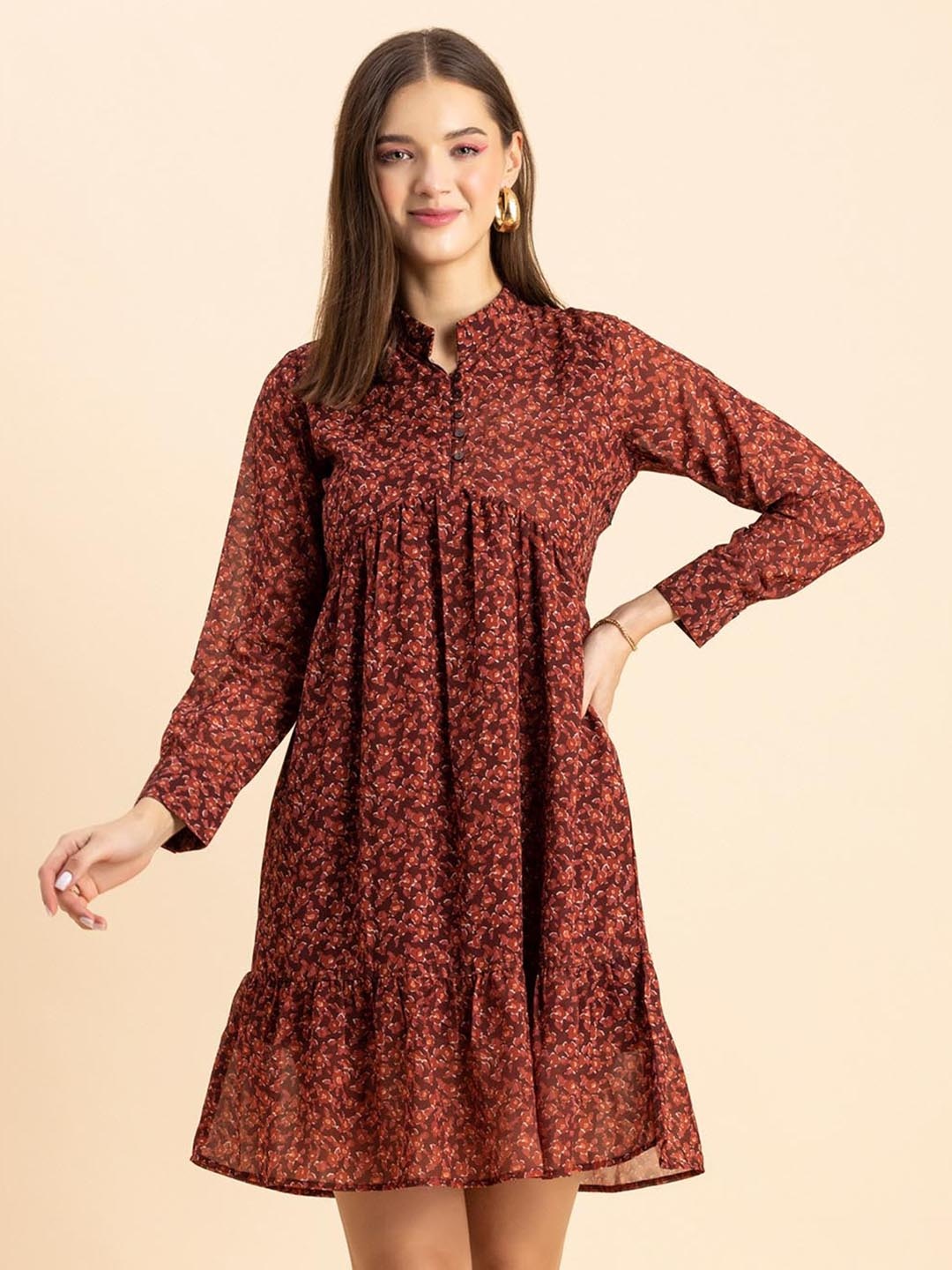 Moomaya Floral Printed Mandarin Collar Cuffed Sleeve Gathered Georgette Empire Dress, Brown