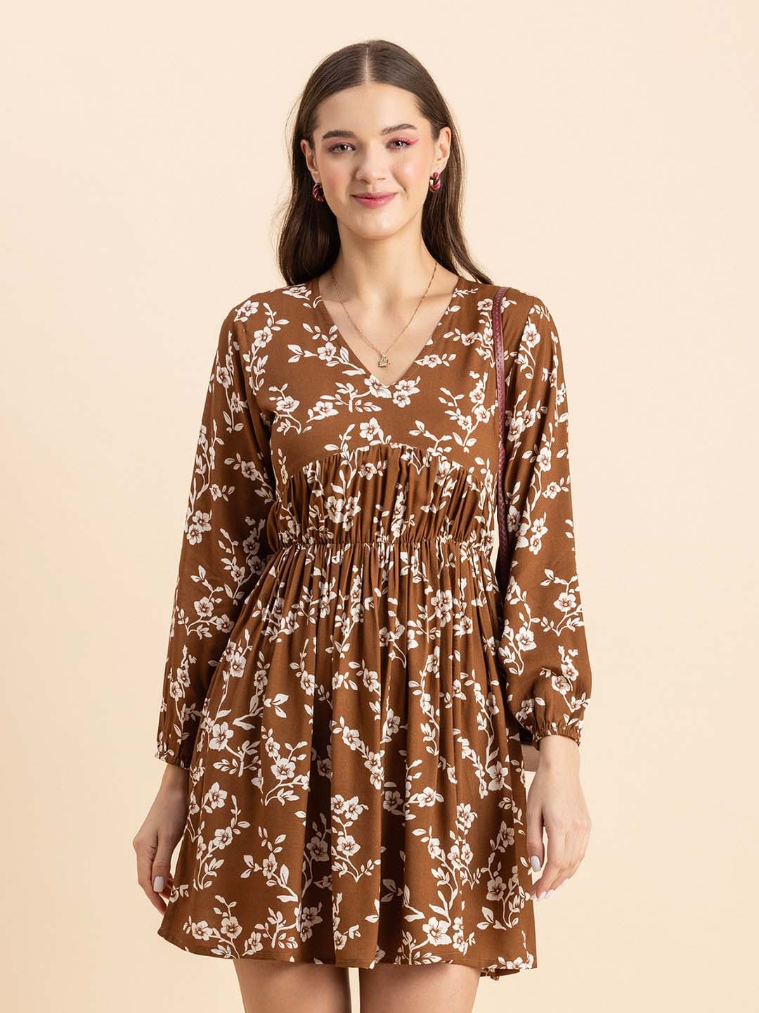 

Moomaya Brown Floral Print Fit & Flare Dress