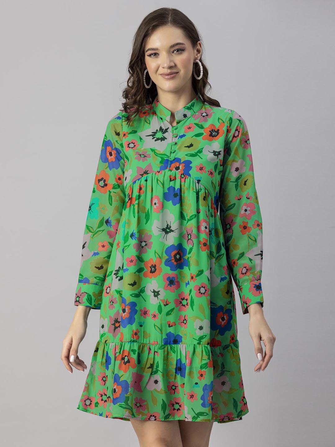 

Moomaya Floral Printed Mandarin Collar Cuffed Sleeve Gathered Georgette Empire Dress, Green