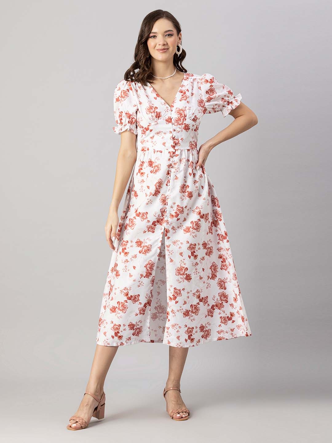

Moomaya White Floral Print Midi Dress