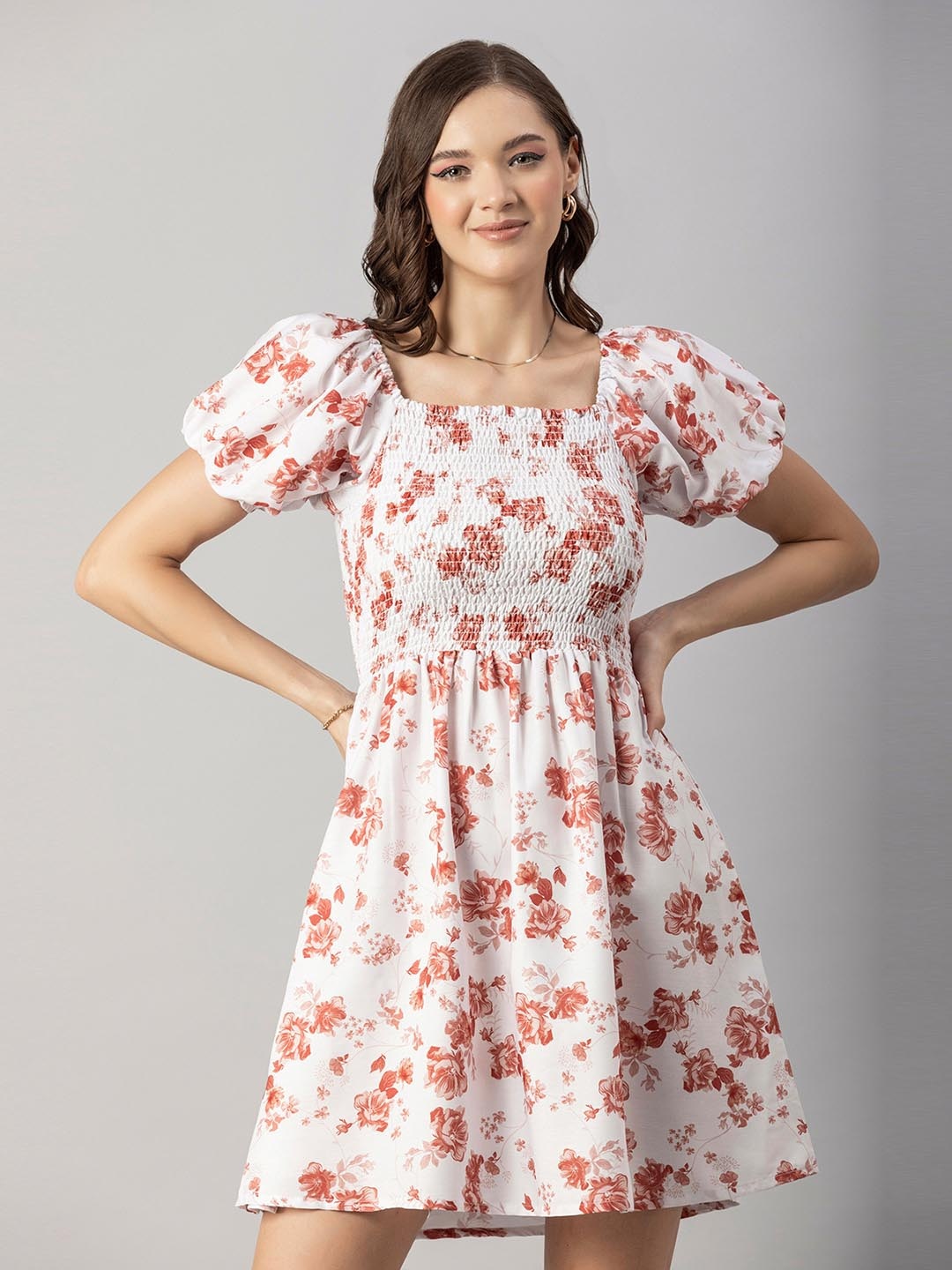 

Moomaya Floral Printed Square Neck Puffed Sleeves A-Line Dress, White