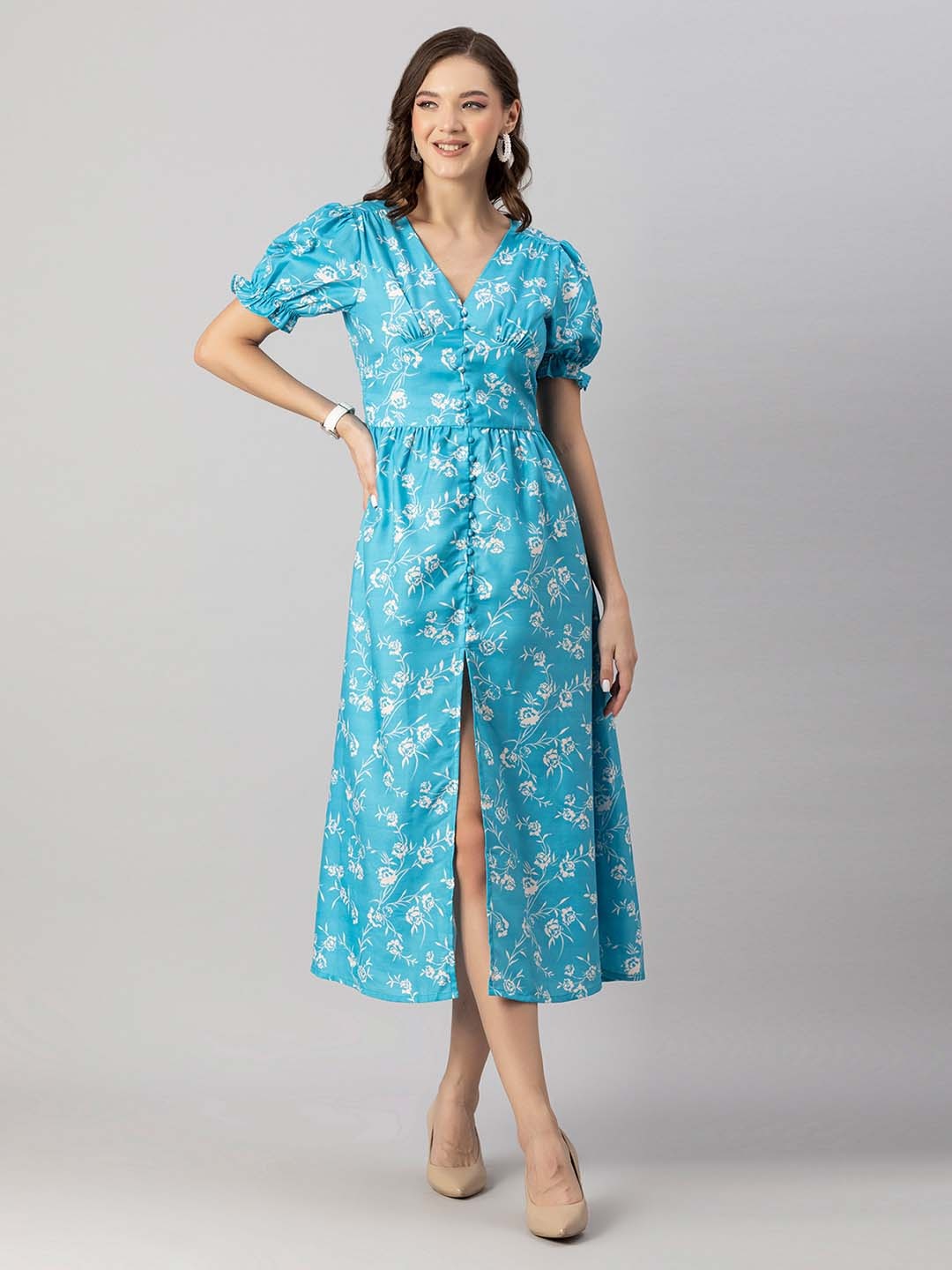 

Moomaya Turquoise Blue Floral Print Puff Sleeve Midi Dress