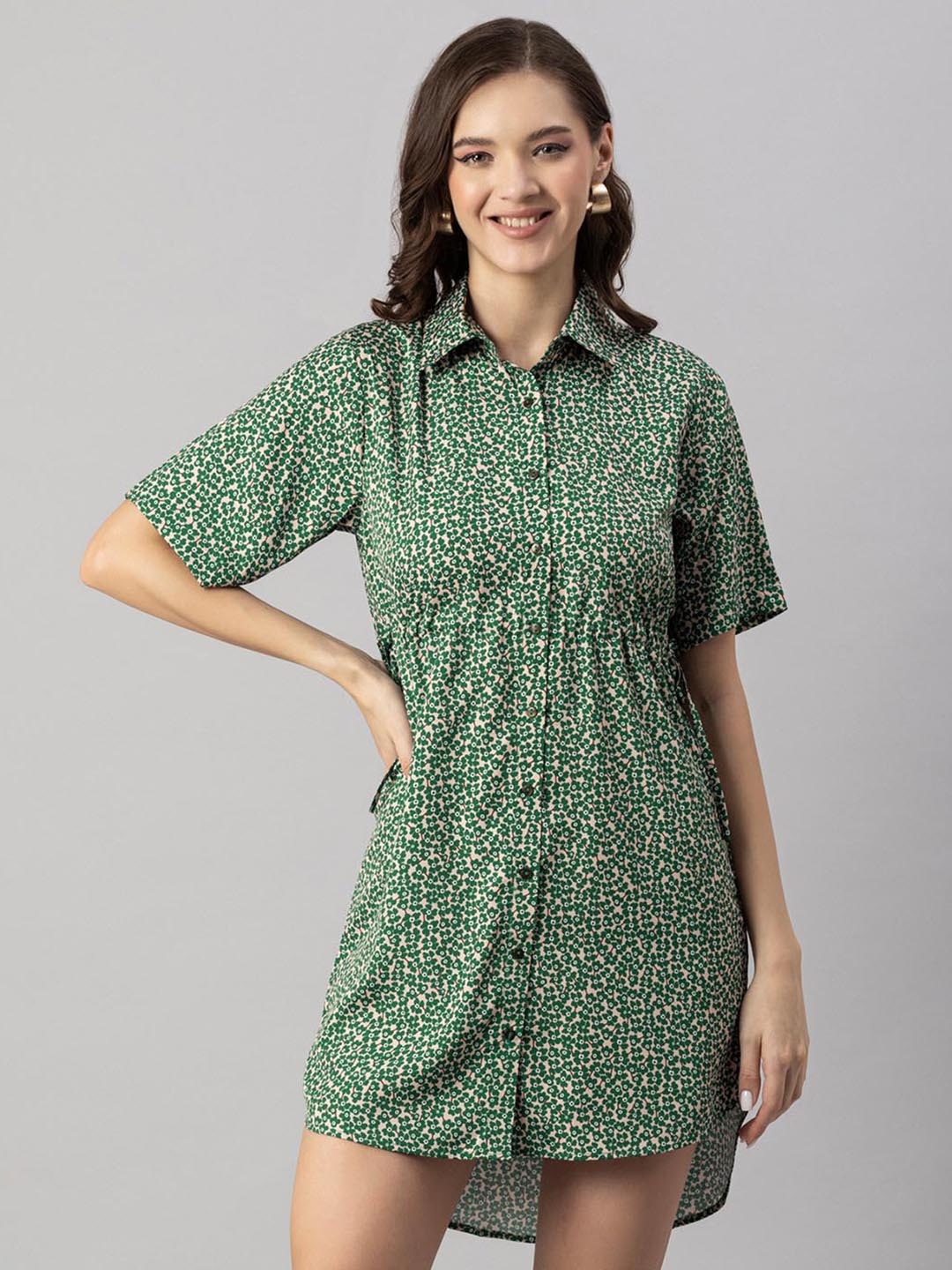 

Moomaya Floral Printed Shirt Collar Gathered Shirt Dress, Peach