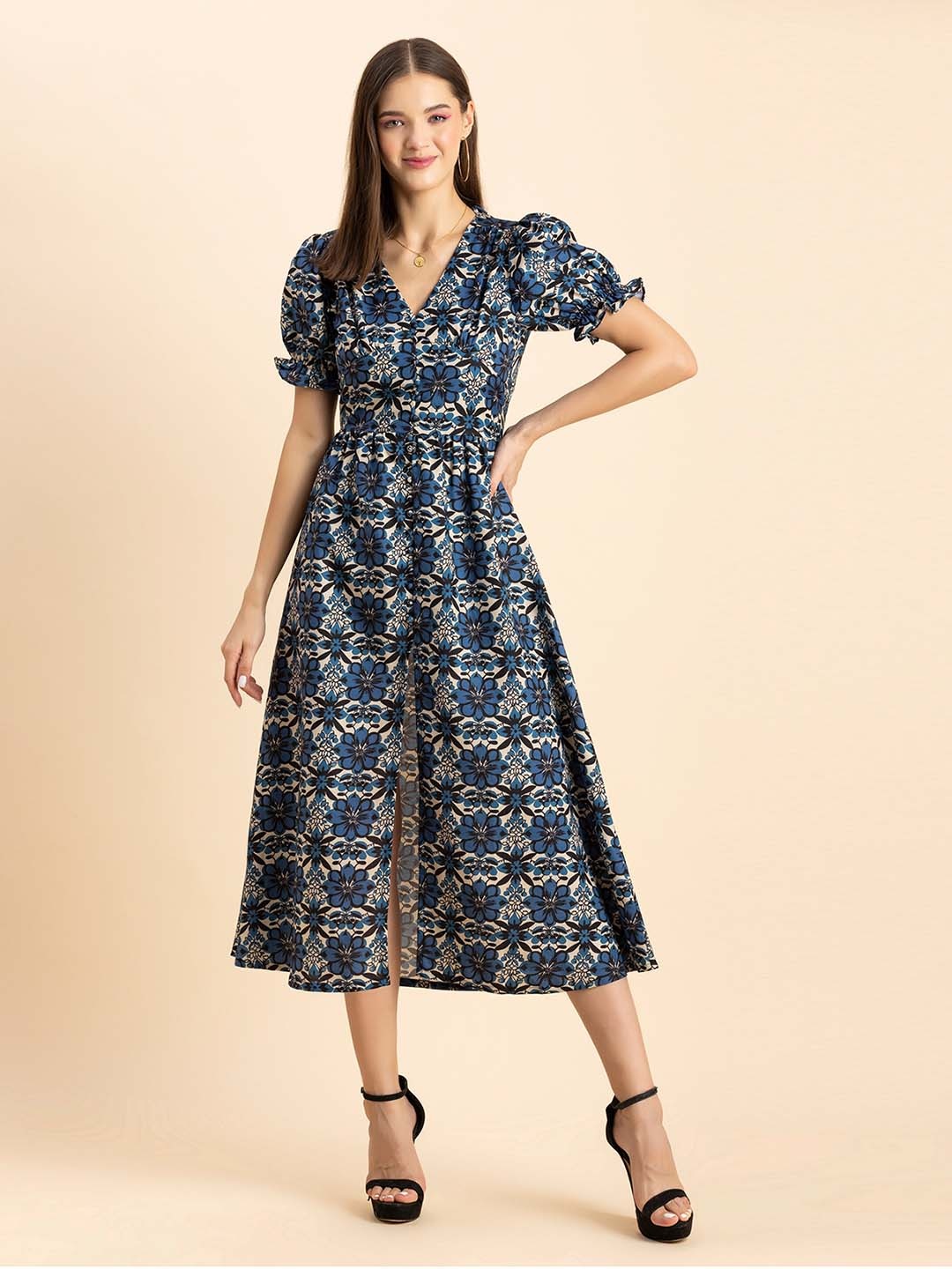 

Moomaya Floral Printed V-Neck Puffed Sleeves A-Line Dress, Navy blue