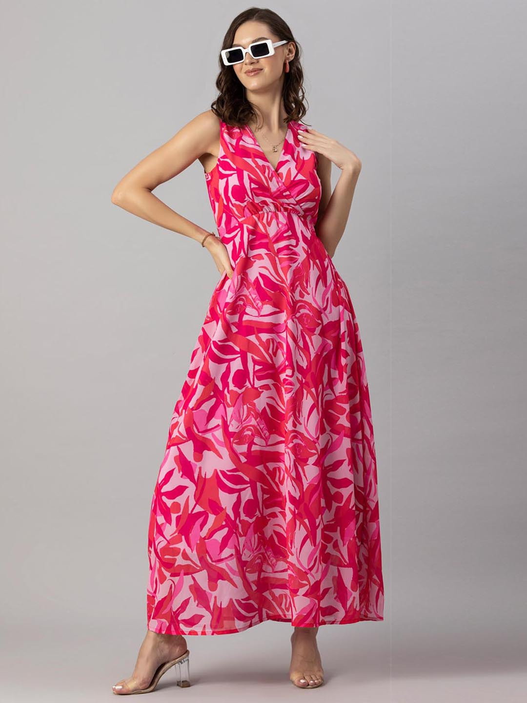 

Moomaya Floral Printed V-Neck Georgette Wrap Dress, Pink