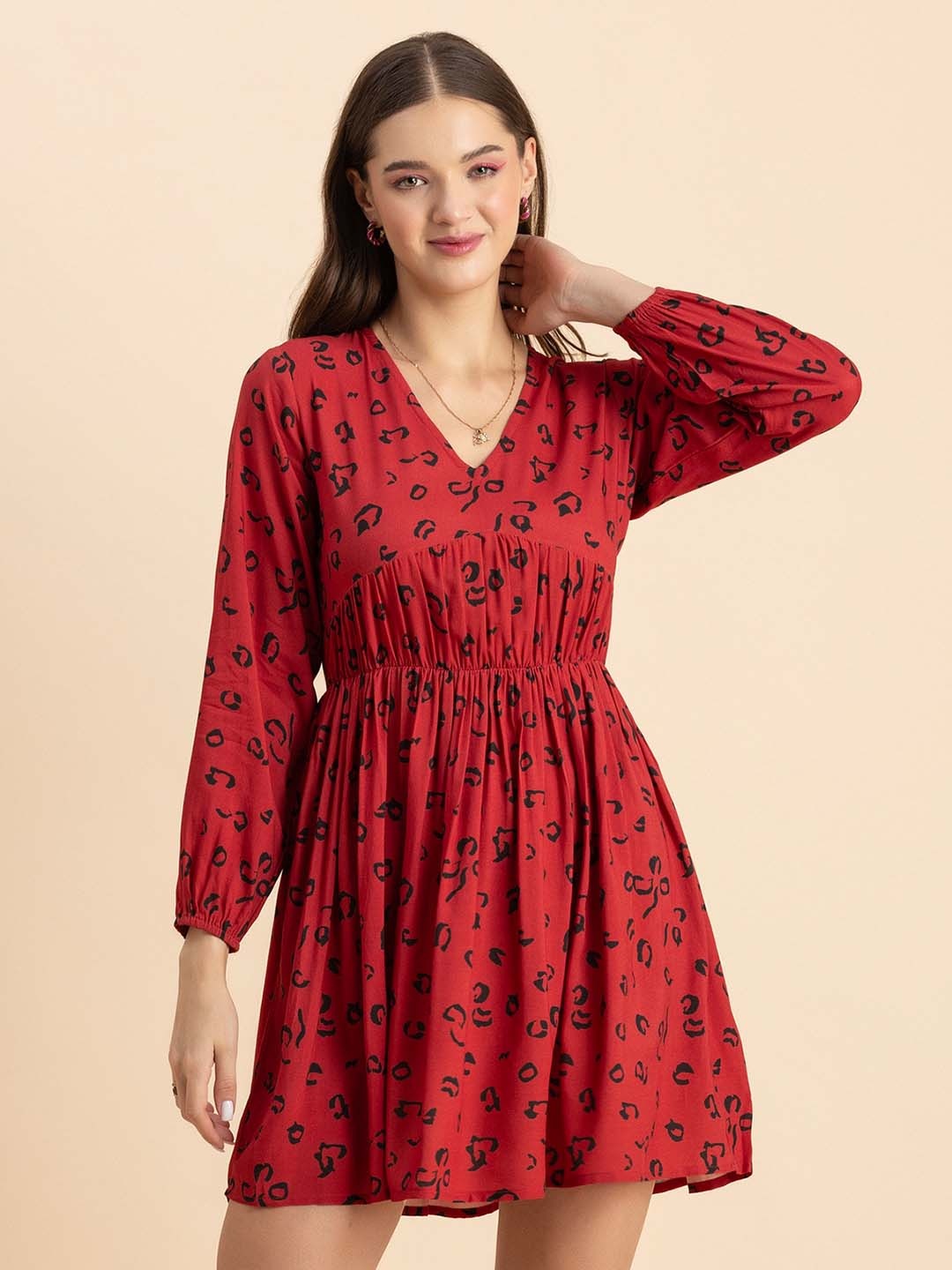 

Moomaya Red Floral Print Fit & Flare Mini Dress