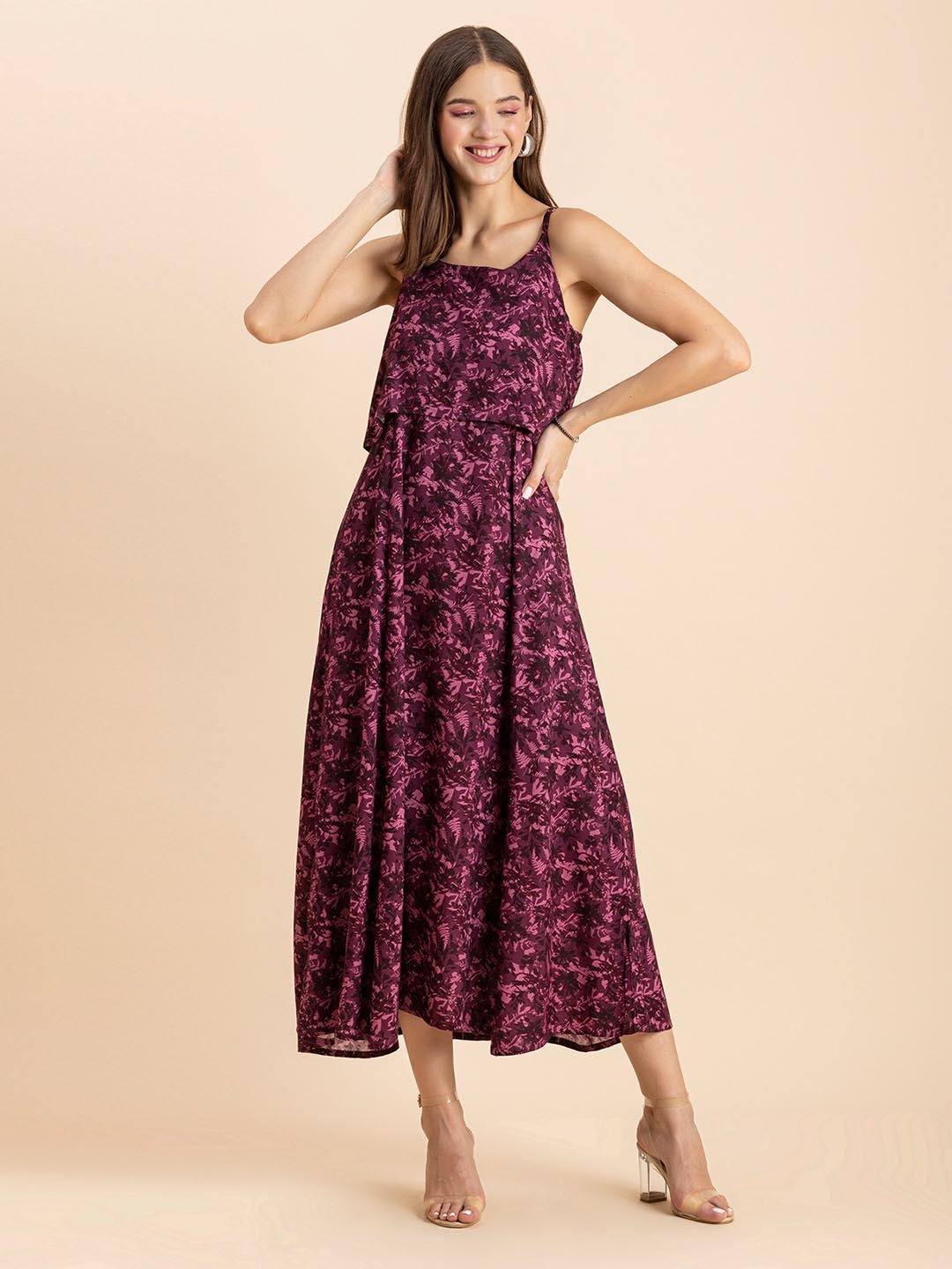 

Moomaya Red Floral Print Maxi Dress