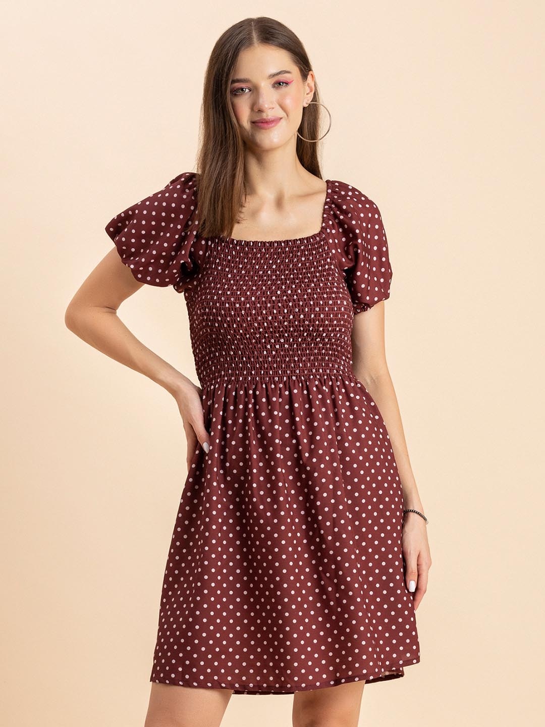 

Moomaya Polka Dots Printed Square Neck Puffed Sleeves Fit & Flare Dress, Brown