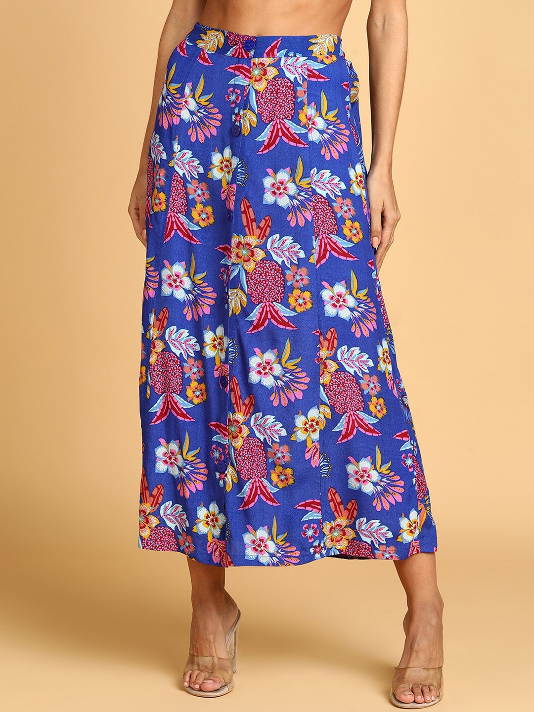 

DODO & MOA Floral Printed Midi-Length A-Line Skirt, Blue