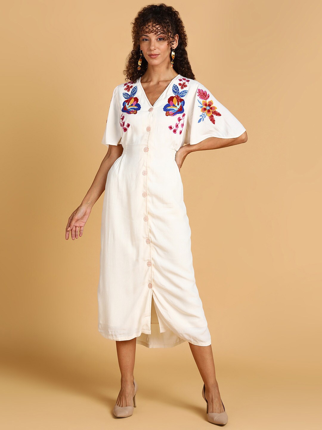 

DODO & MOA Floral Embroidered Flared Sleeves V-Neck A-Line Midi Dress, White