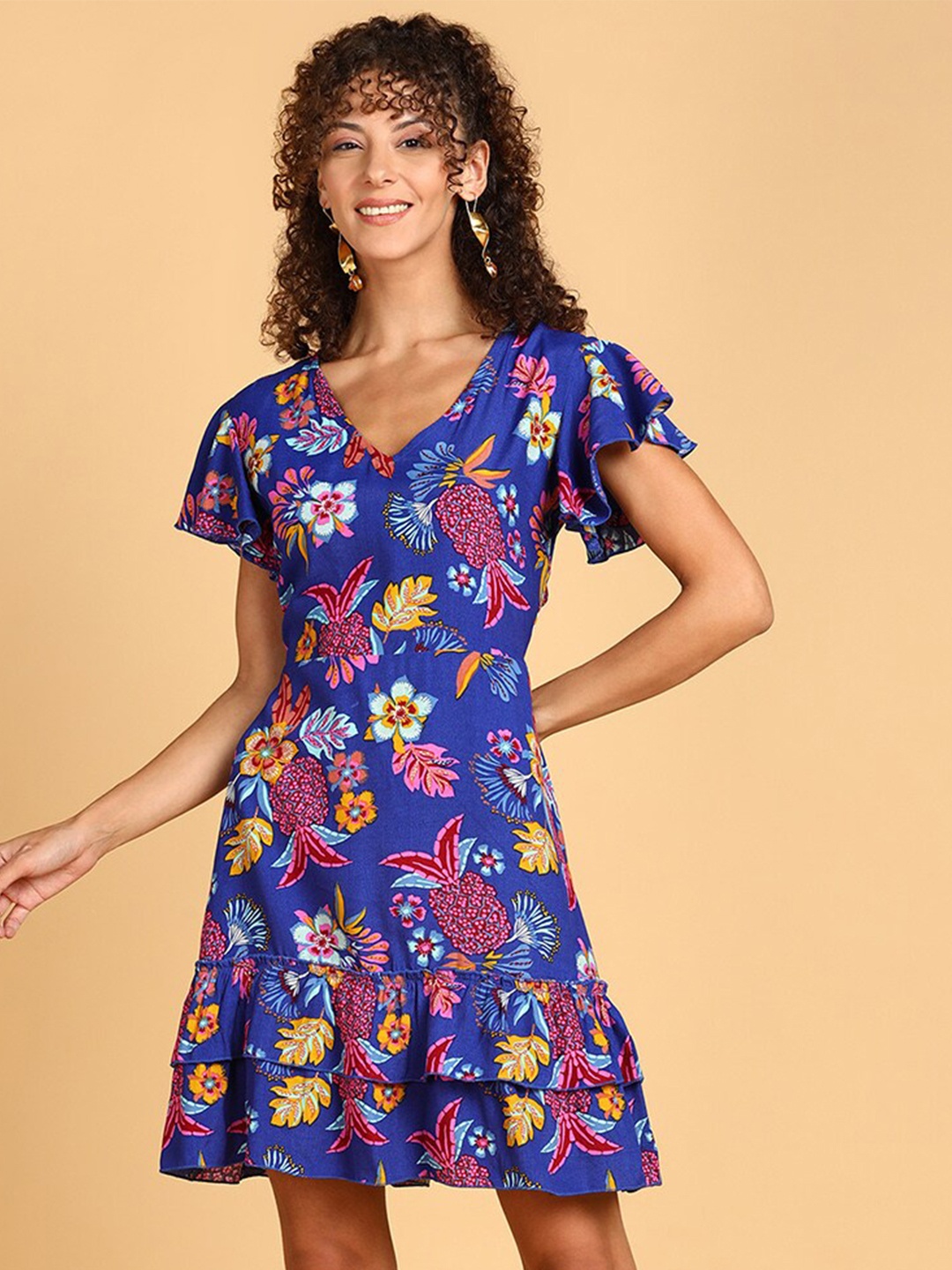 

DODO & MOA Floral Printed V-Neck Flared Sleeves Tiered Mini A-Line Dress, Blue