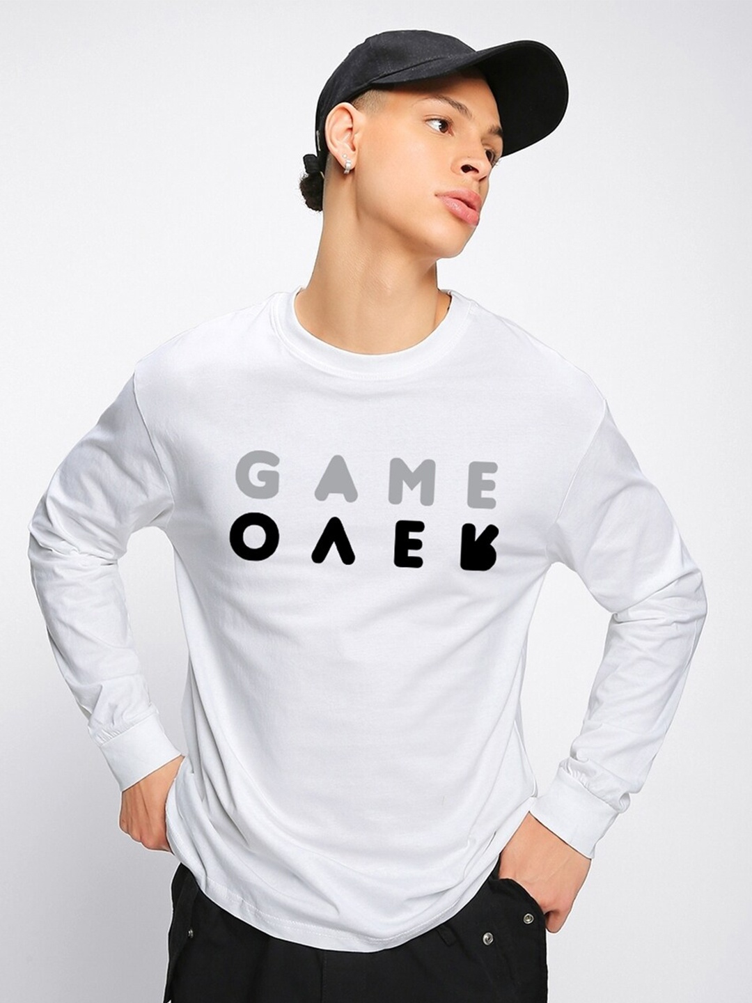 

Bewakoof Typography Printed Drop-Shoulder Pure Cotton Oversized T-shirt, White