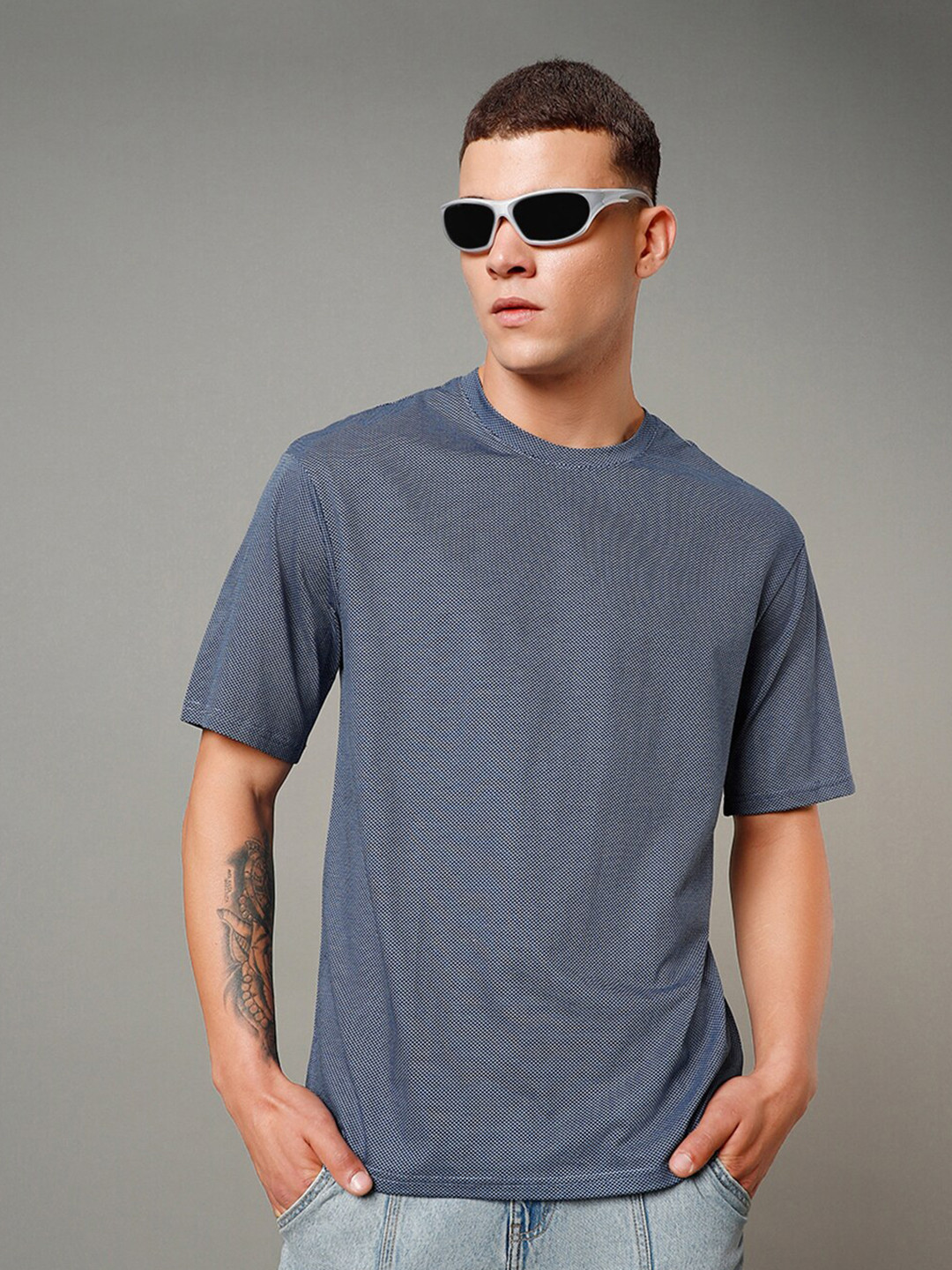 

Bewakoof Textured Pure Cotton Oversized T-shirt, Blue