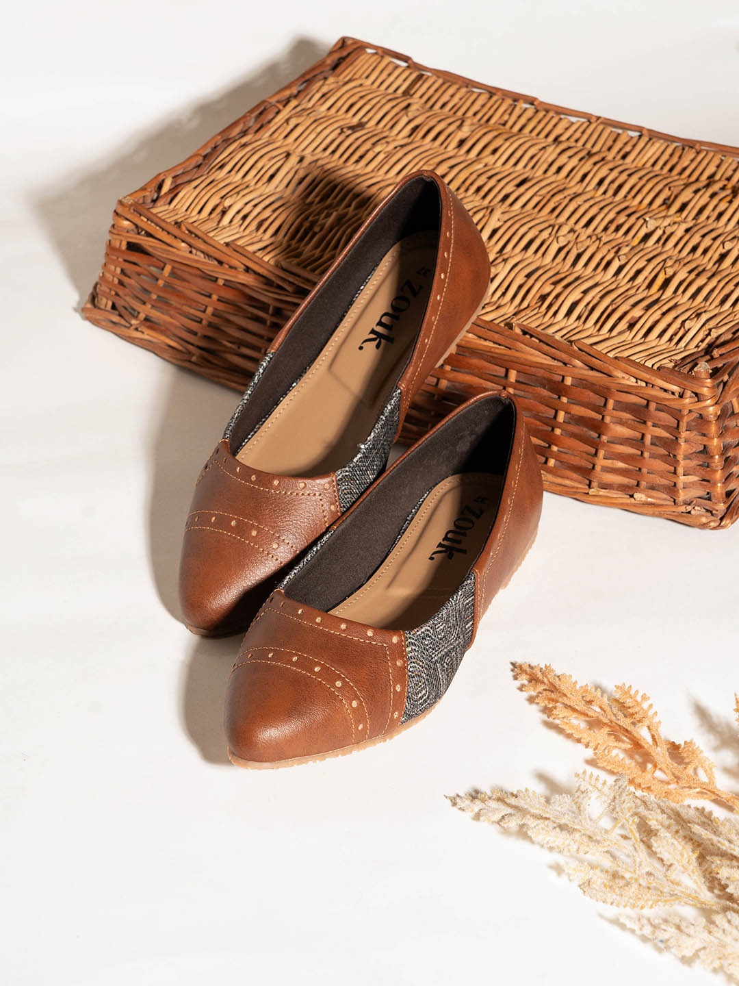 

ZOUK Printed Pointed Toe Work Ballerinas, Brown