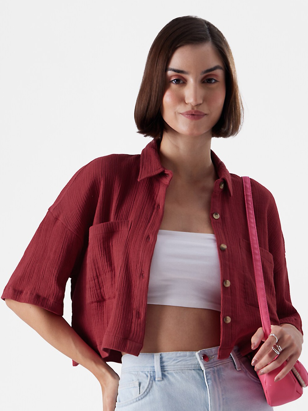 

The Souled Store Relaxed Textured Boxy Pure Cotton Crop Casual Shirt, Maroon