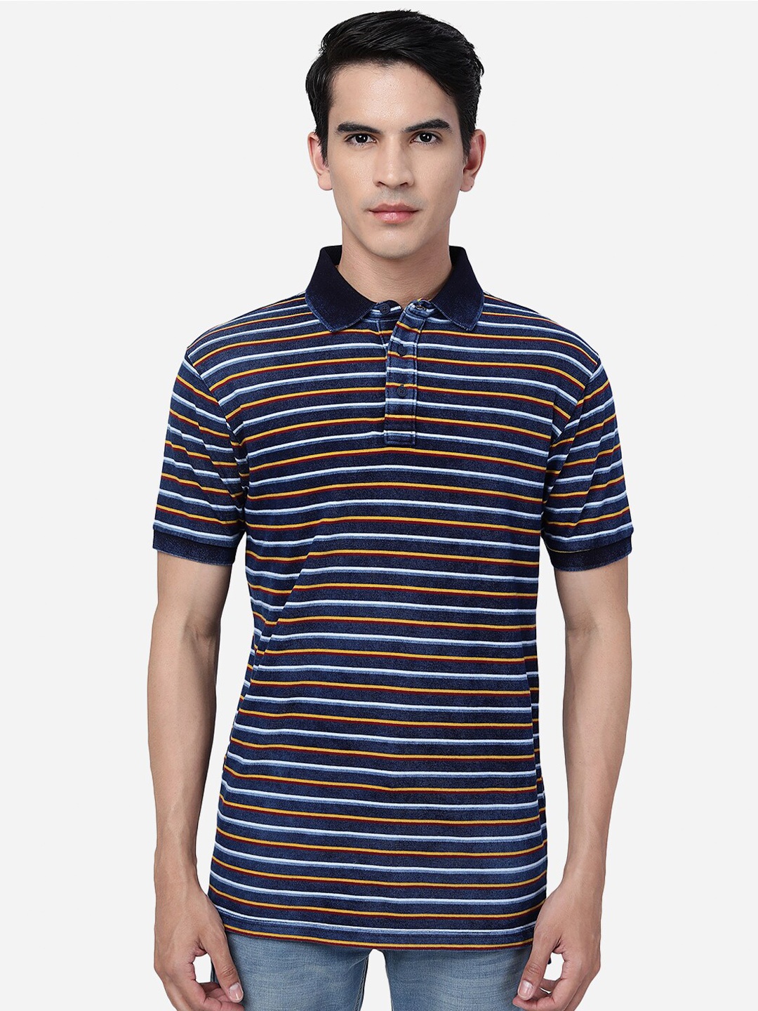 

JADE BLUE Striped Polo Collar Cotton T-shirt, Navy blue