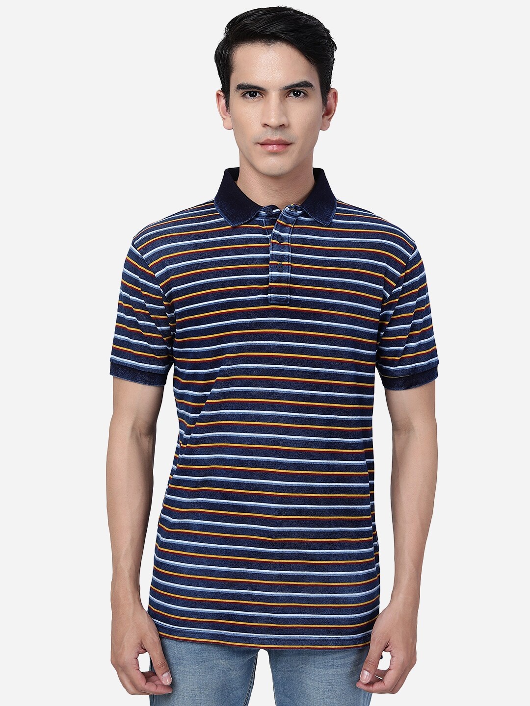 

JADE BLUE Striped Polo Collar Cotton T-shirt, Navy blue