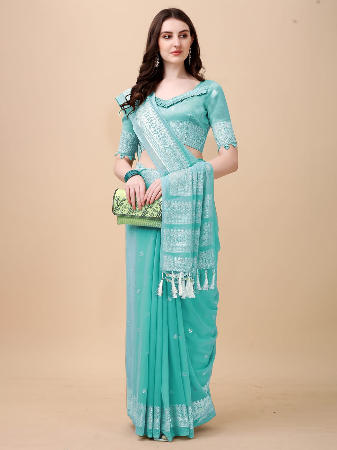 

KALINI Ethnic Motifs Woven Design Silk Cotton Kasavu Saree, Blue