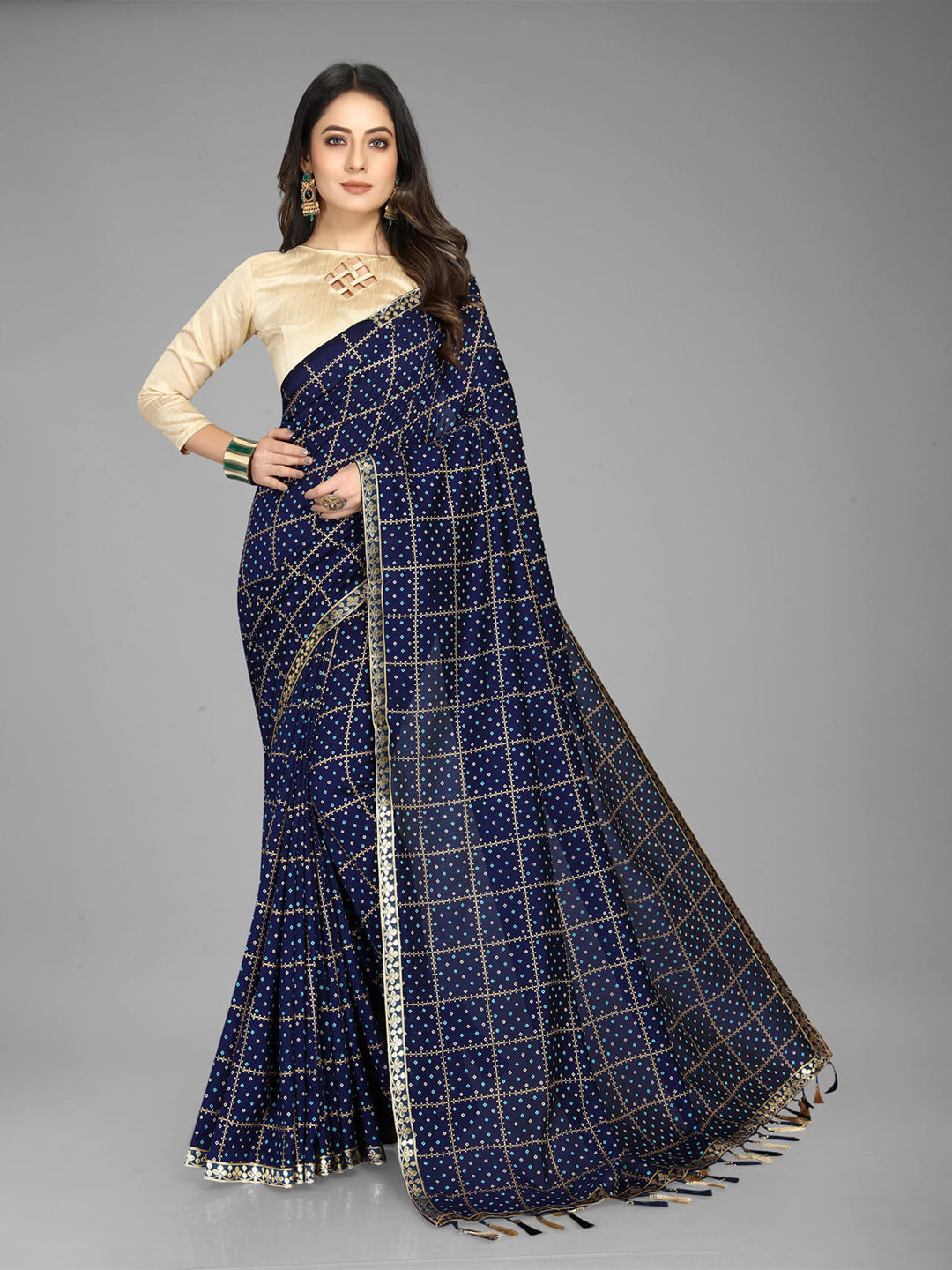

KALINI Bandhani Printed Saree, Navy blue