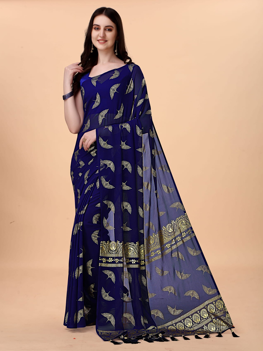 

KALINI Ethnic Motifs Printed Jamdani Saree, Navy blue