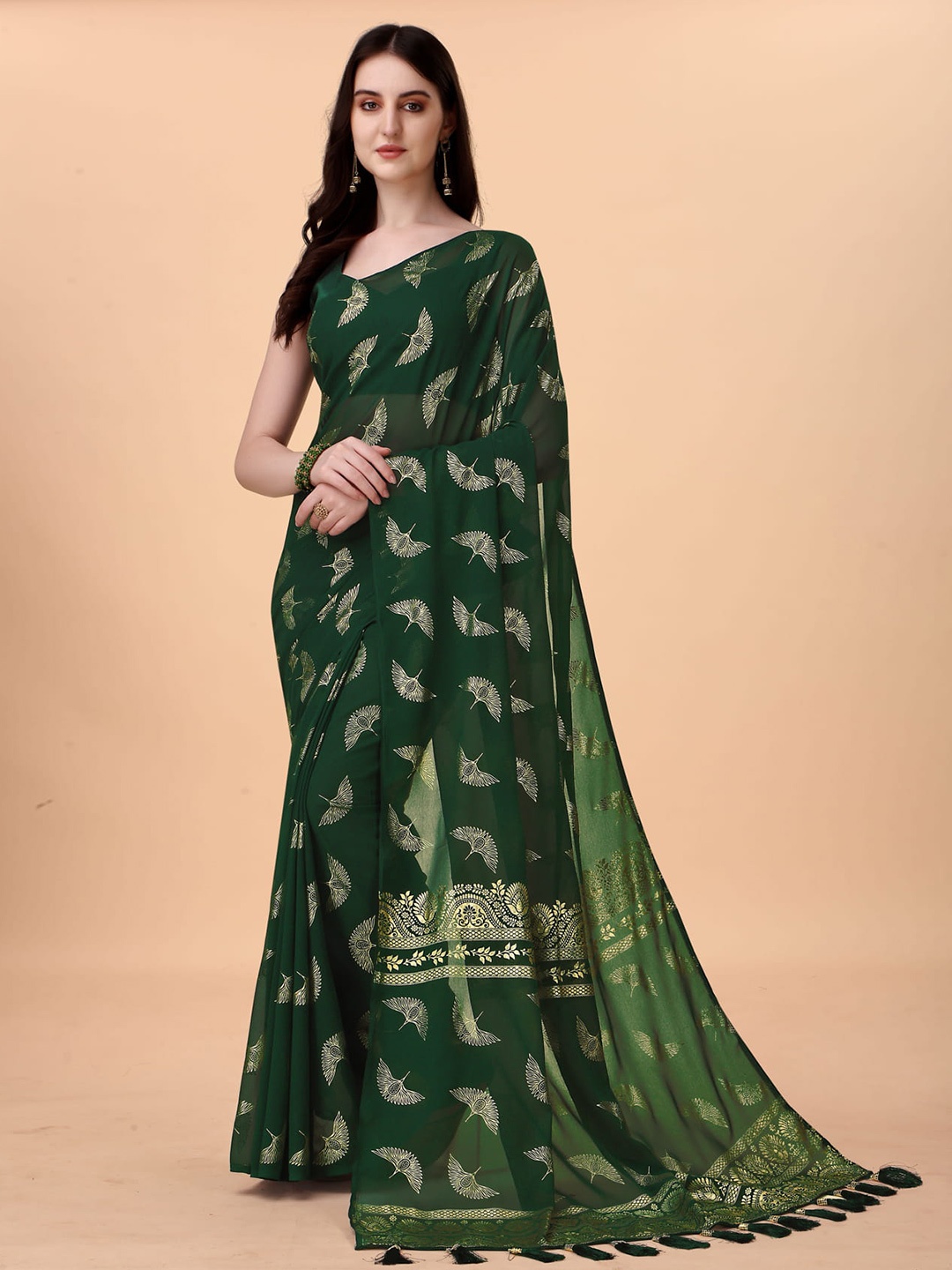 

KALINI Ethnic Motifs Woven Design Saree, Green