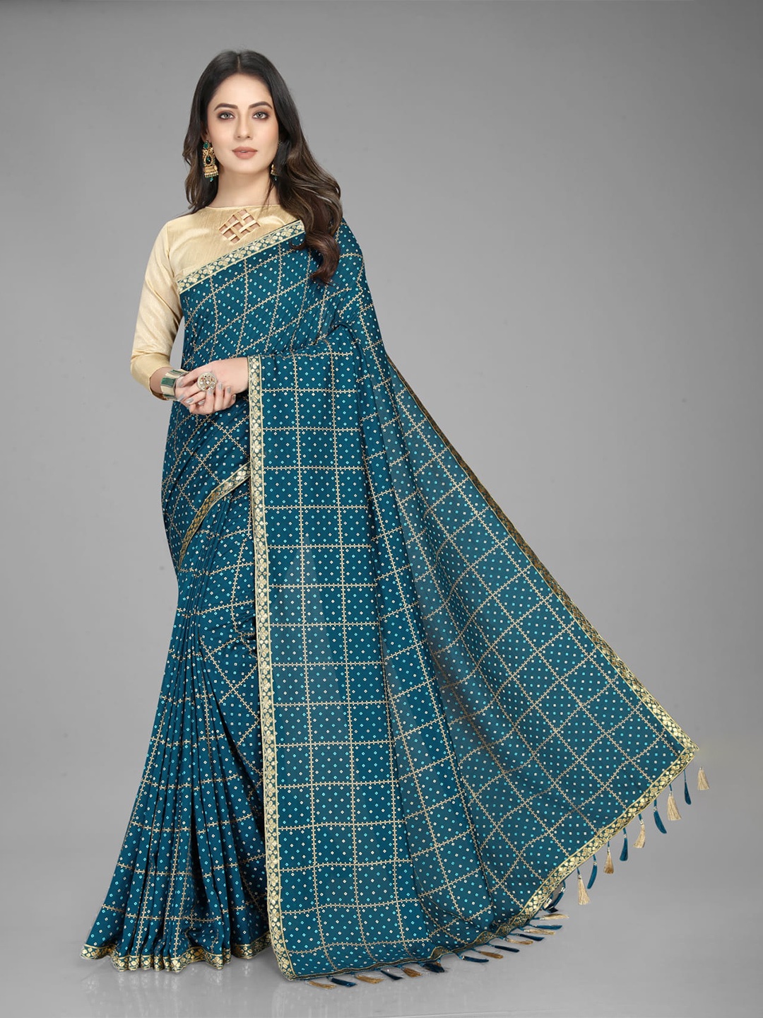 

KALINI Bandhani Printed Saree, Turquoise blue