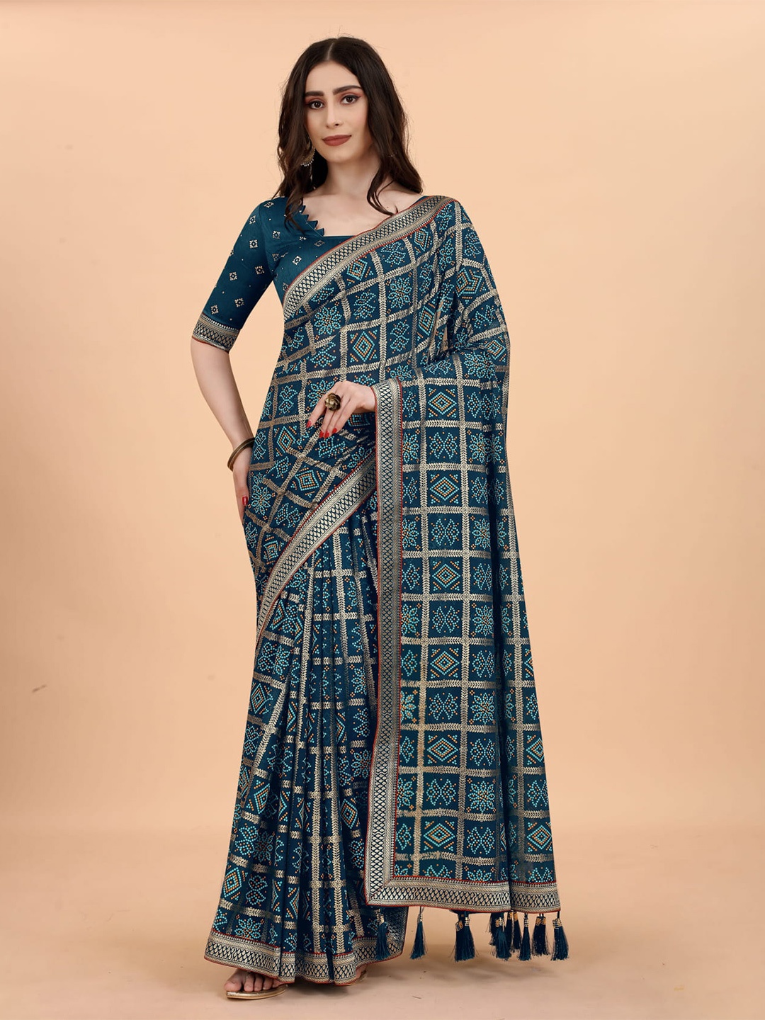 

KALINI Bandhani Printed Zari Bandhani Saree, Turquoise blue