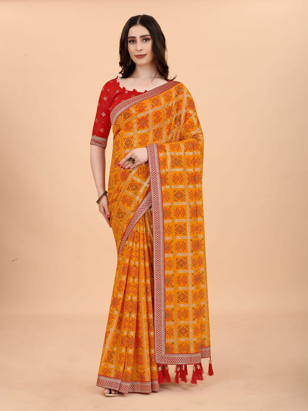 

KALINI Bandhani Zari Bandhani Saree, Orange