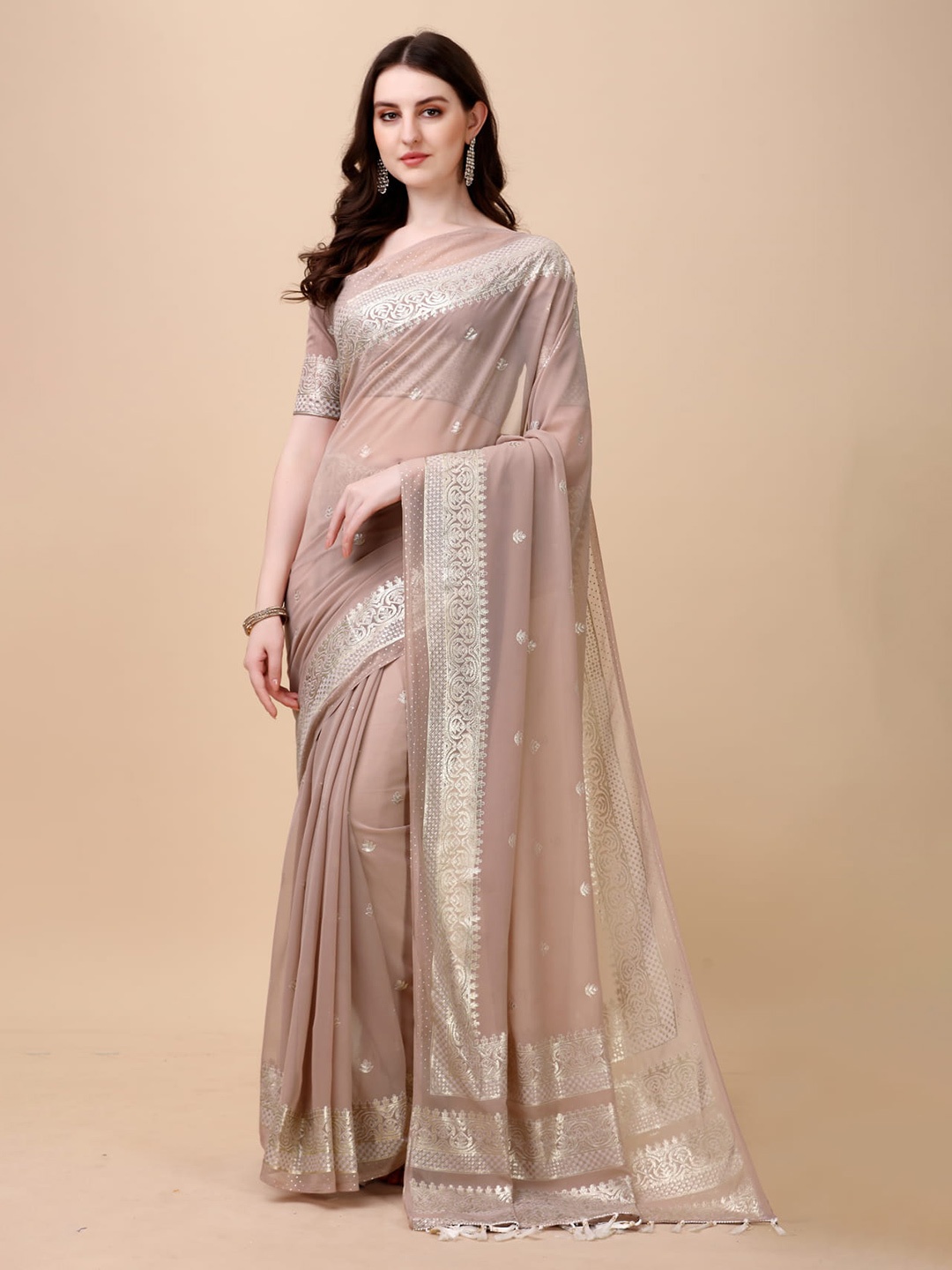 

KALINI Woven Design Zari Kasavu Saree, Brown