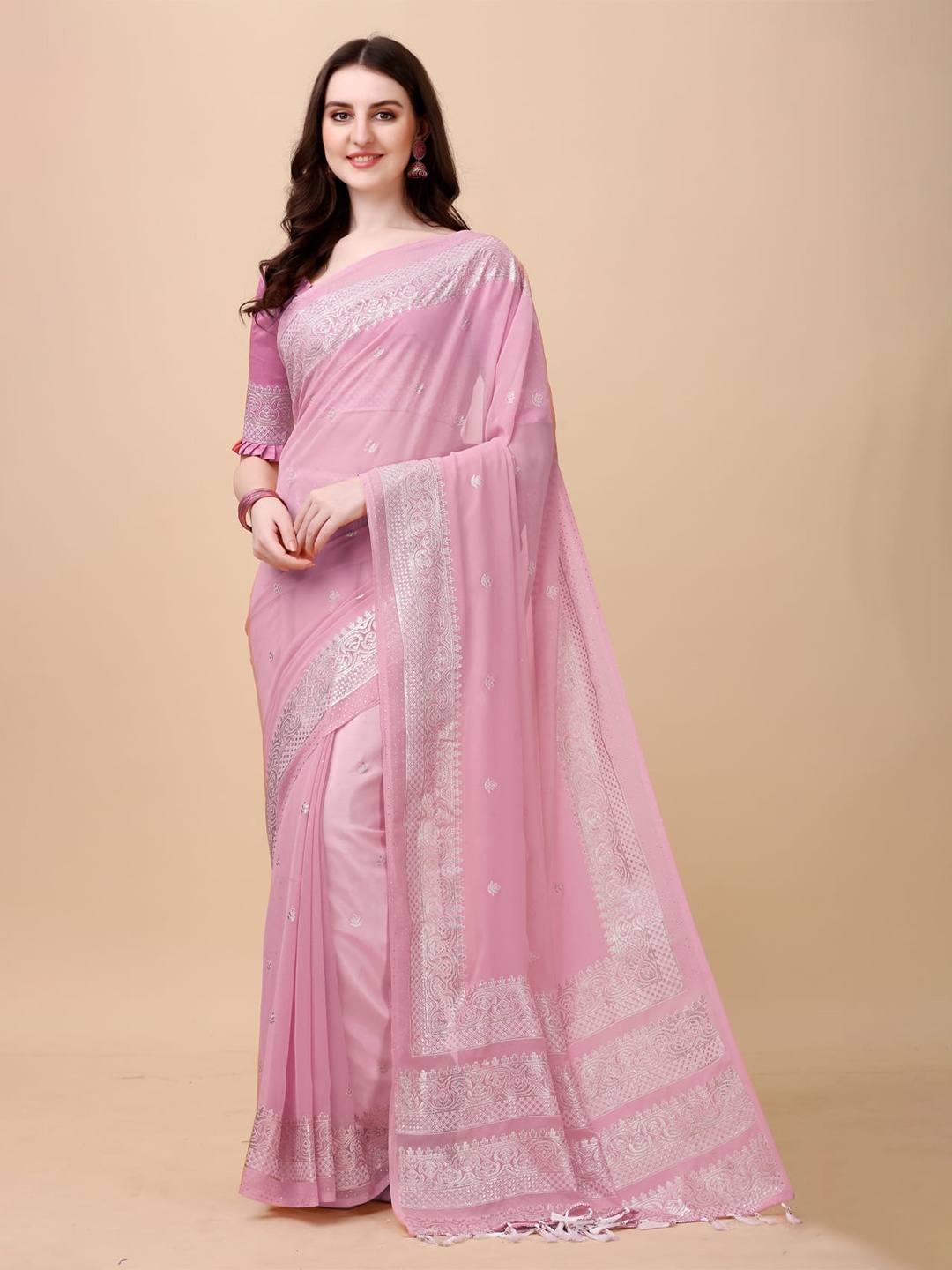 

KALINI Ethnic Motifs Woven Design Zari Saree, Pink