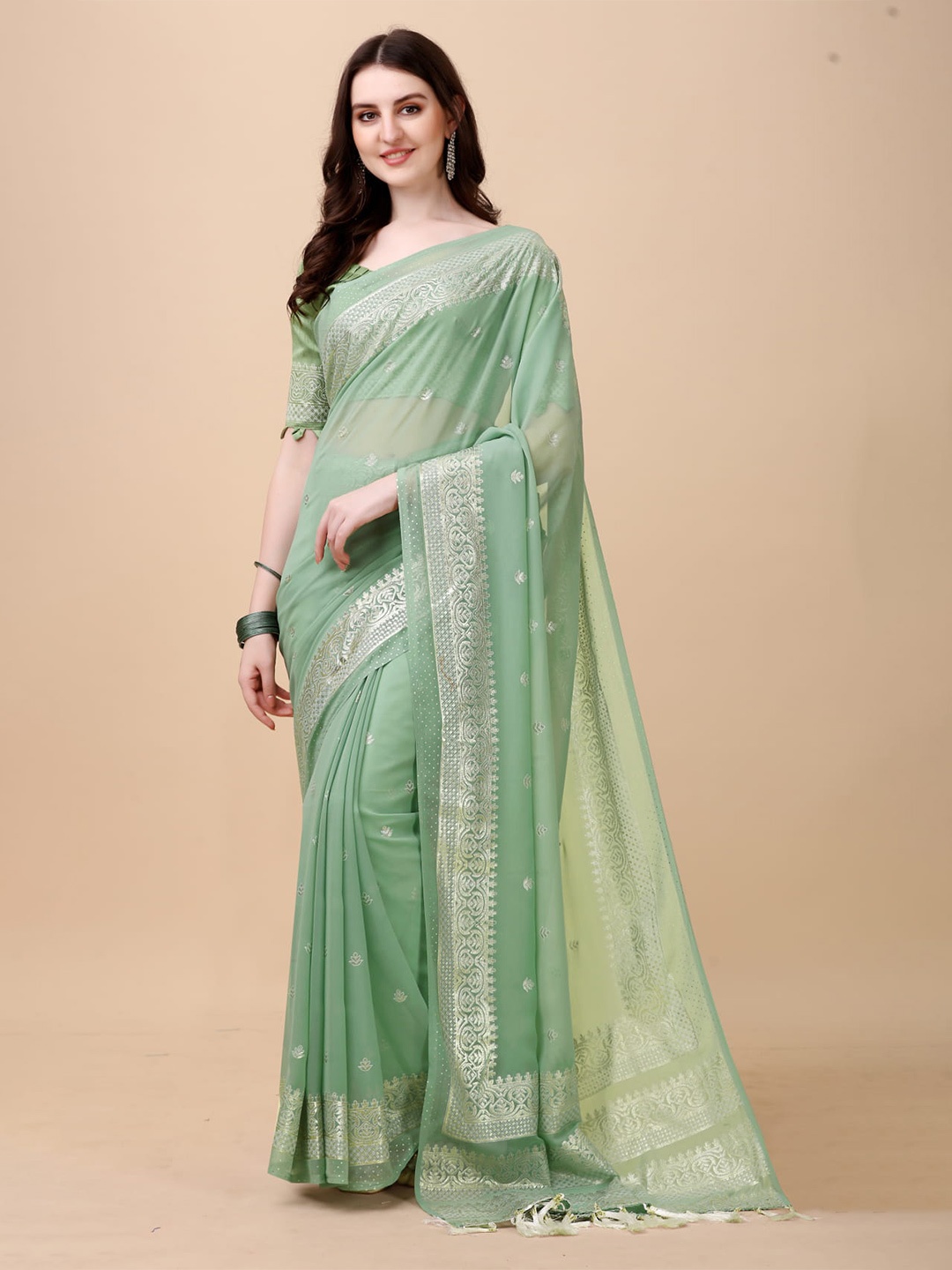 

KALINI Woven Design Zari Silk Cotton Kasavu Saree, Green