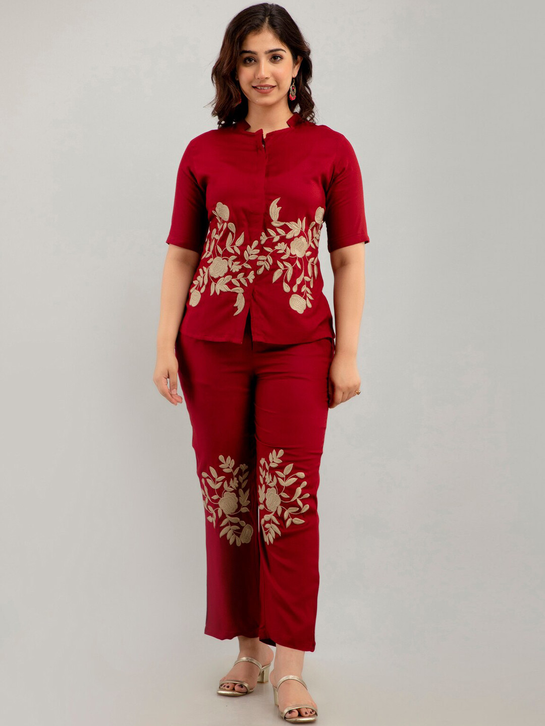 

CKM Floral Embroidered Top With Trouser, Rust
